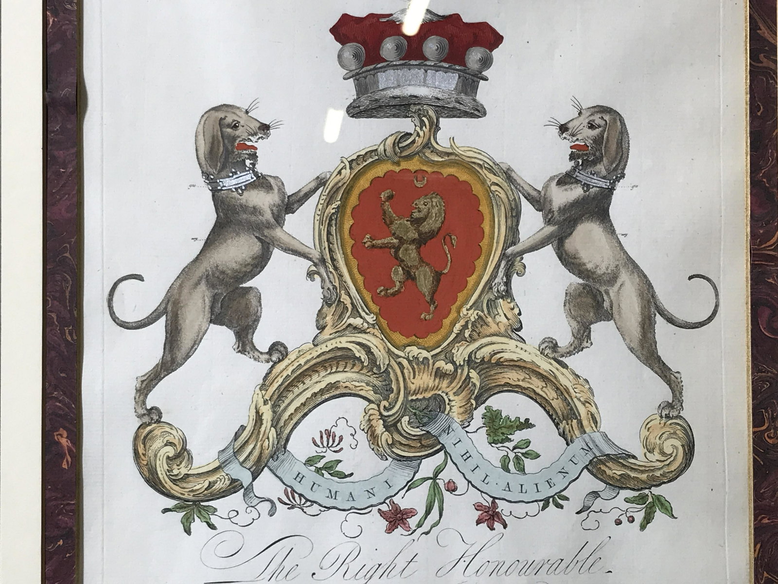 Antique Hand Colored: Antique hand colored coat of arms engraving on paper, engraving displays a coat of arms as well as text, text reads ‘The Right Honorable John Chetmnnd Talbot Baron Talbot of Henson in the County of 