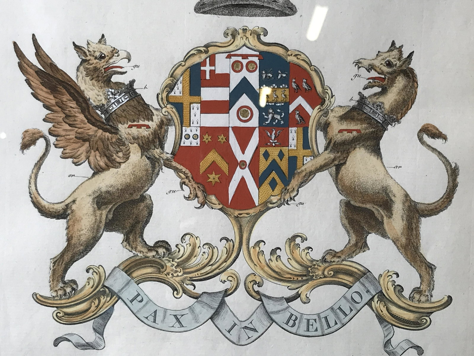Antique Hand Colored Coat of Arms Engraving: Antique hand colored coat of arms engraving on paper, engraving displays a coat of arms as well as text, text reads ‘The Right Honourable Francis Osborne Baron Osborne of Kiveton in the County of Yo