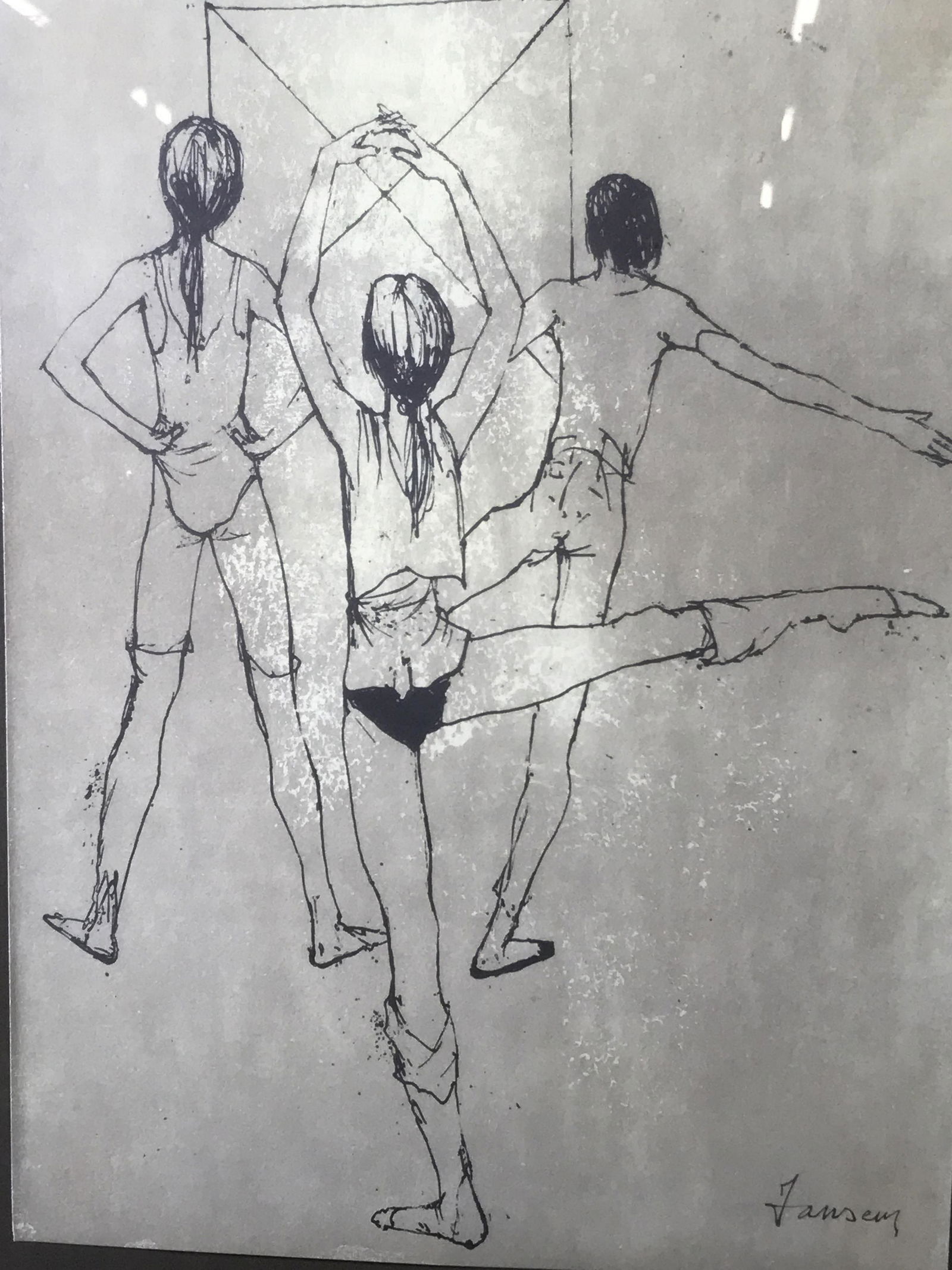 Signed Dancers Lithograph Jean Jansem: Signed lithograph on painted heavy weight paper, signature in the lower right corner reads ‘Jansem’, subject three lanky figure in dance attire striking different poses, paper is painted a green g