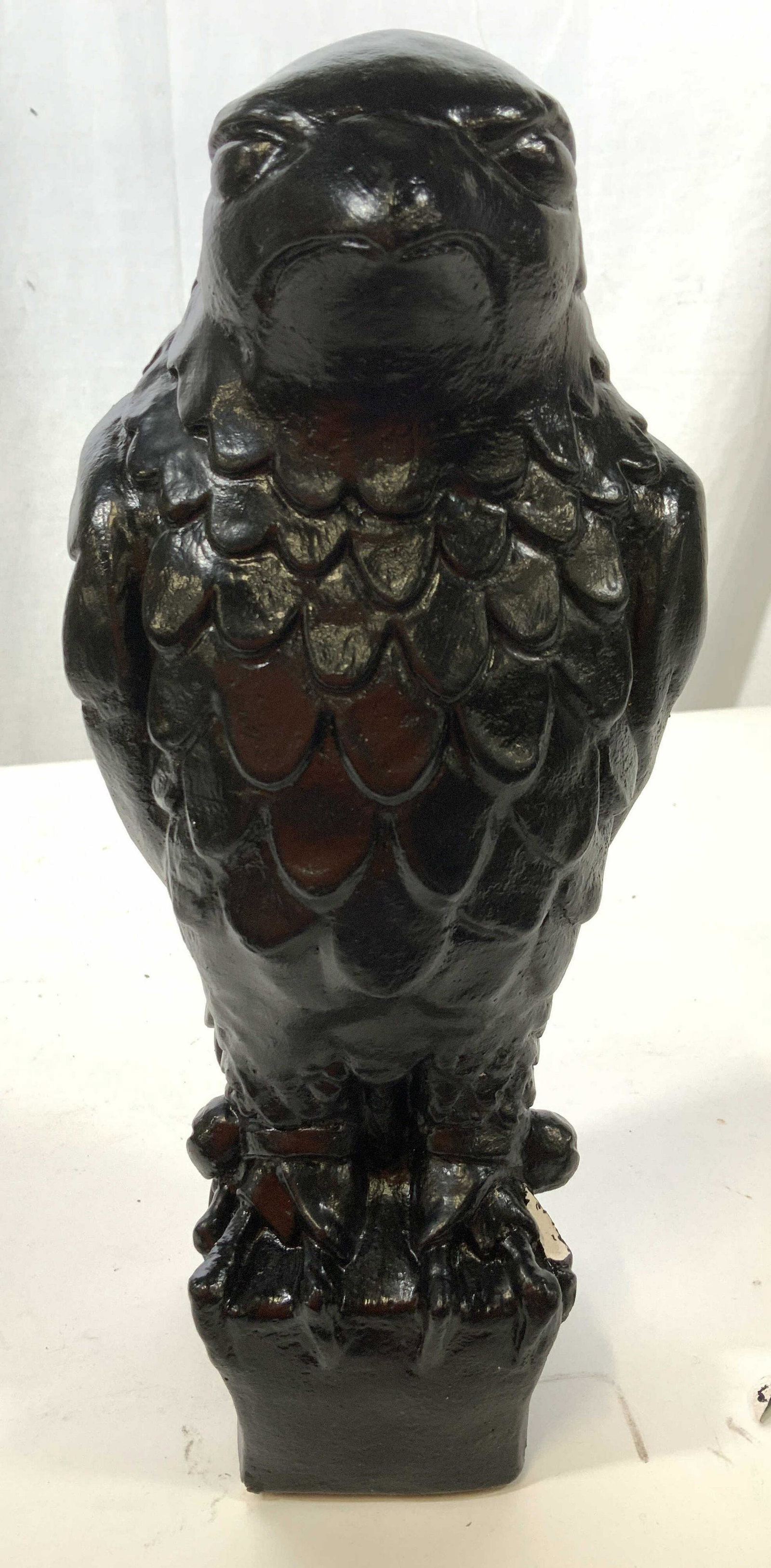 Black Ceramic Eagle Sculpture: Black painted ceramic pottery eagle sculpture with articulated feathers and claws on rectangular perch, apparently unsigned, decorative arts, decorative object, bird sculpture, eagle sculpture measure
