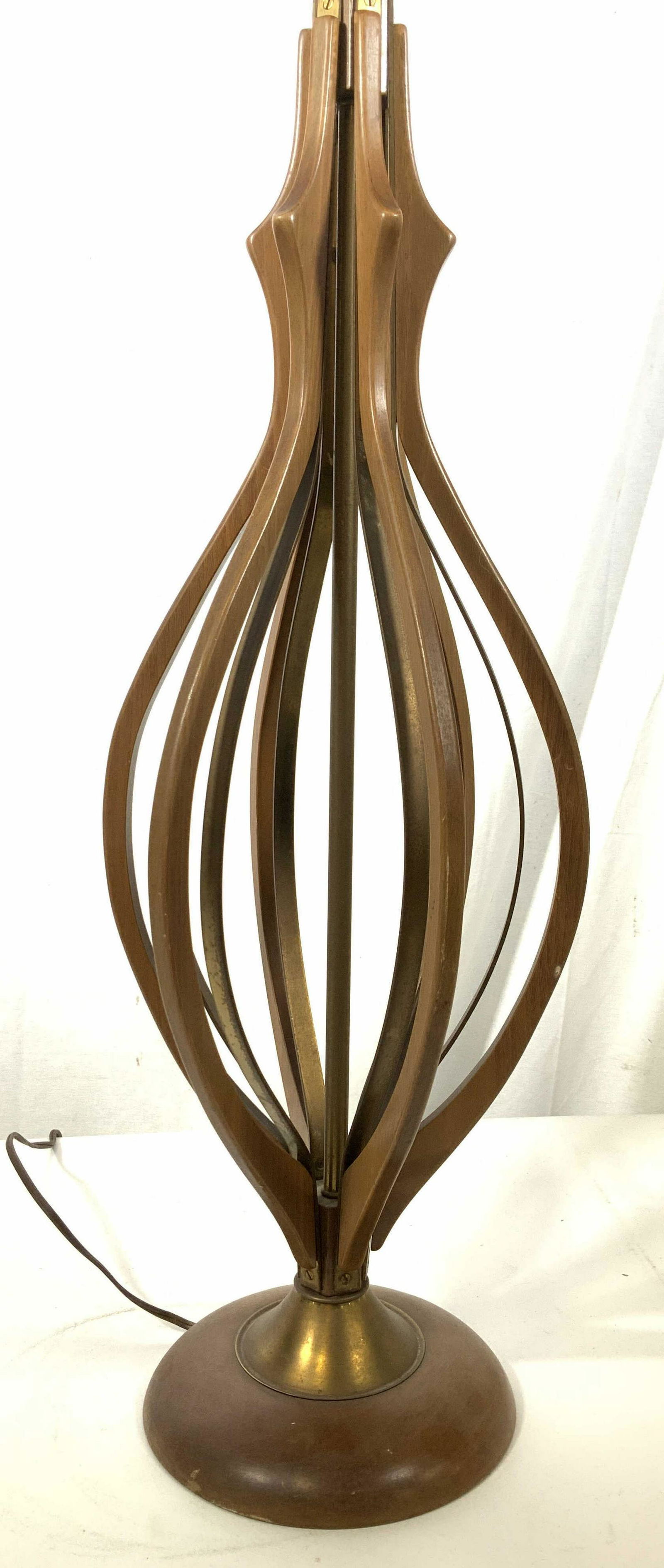 MCM Teak and Brass Bent Wood Lamp,C 1960’s: Circa 1960’s Teak Mid century modern Lamp with circular teak wood base, comical brass rise and cylindrical center, fanning out from sides are sculptural teak wood curved bentwood slats, With interio