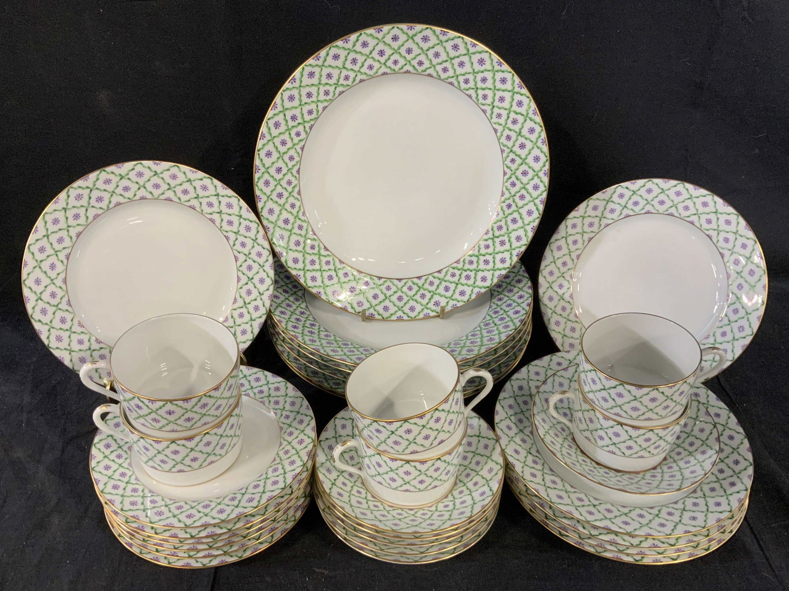 French Porcelain Dinner Service, Barneys New York: Luxury Hand Painted French Porcelain Dinner Service for 6. Each piece hand painted with long French Inscription on verso, parts are illegible, parts read, painted by hand for the Tableu in Paris, Fran