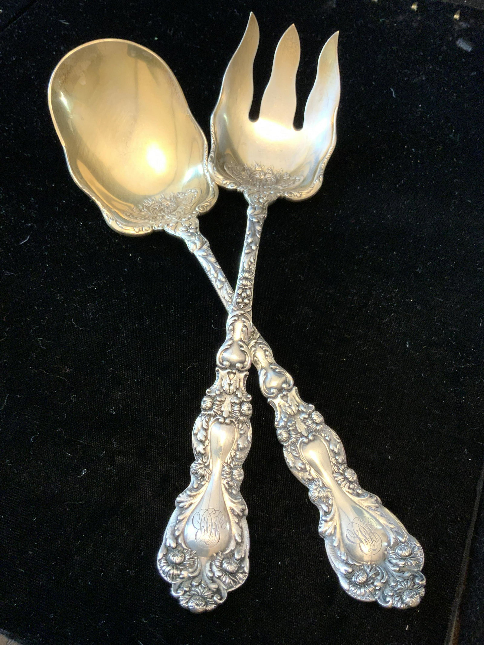Antique Gorham Sterling Silver Serving Set: Gorham Imperial Chrysanthemum Sterling Flatware, Trademarked with lion anchor, and scrolled G, also each marked Sterling, spoon and fork serving set, salad servers, vegetable servers, antique, sterlin