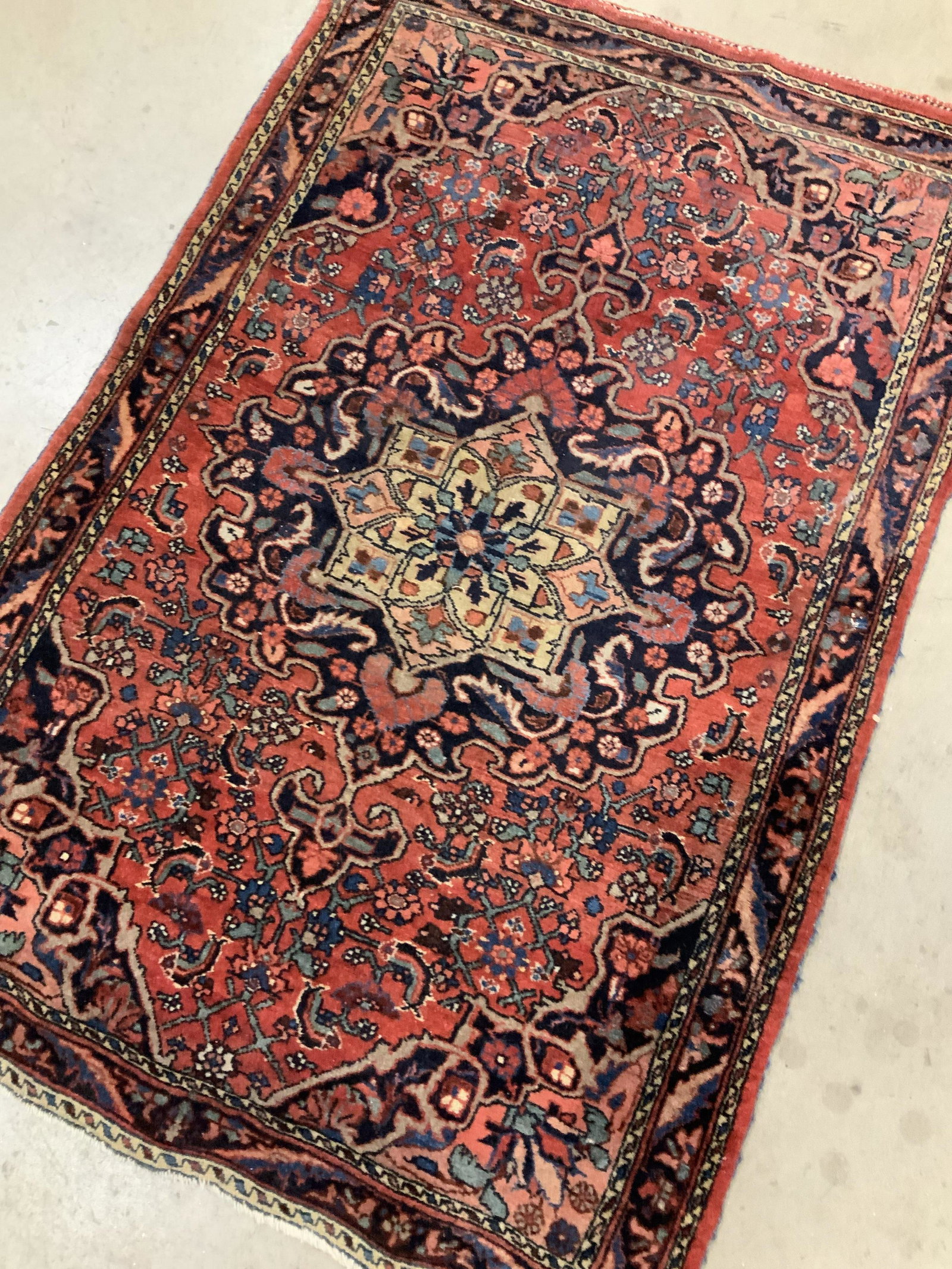 Hand Made in Iran Persian Carpet: Label on back reads hand made in Iran, vintage possibly antique oriental carpet, Persian carpet, Area rug, carpet, vintage oriental carpet, red blue coral cream pink aqua tones geometric measures 51 b