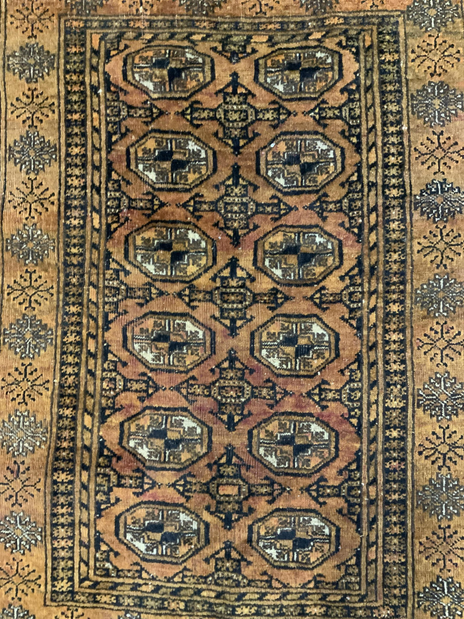 Hand Woven Gold Toned Oriental Carpet, Afghanistan: Area rug, carpet, vintage oriental carpet, Gold and brown tones geometric measures 51 by 36 inches, has wear, has color fading, decorative arts , decorative accessories, oriental carpet, label on unde