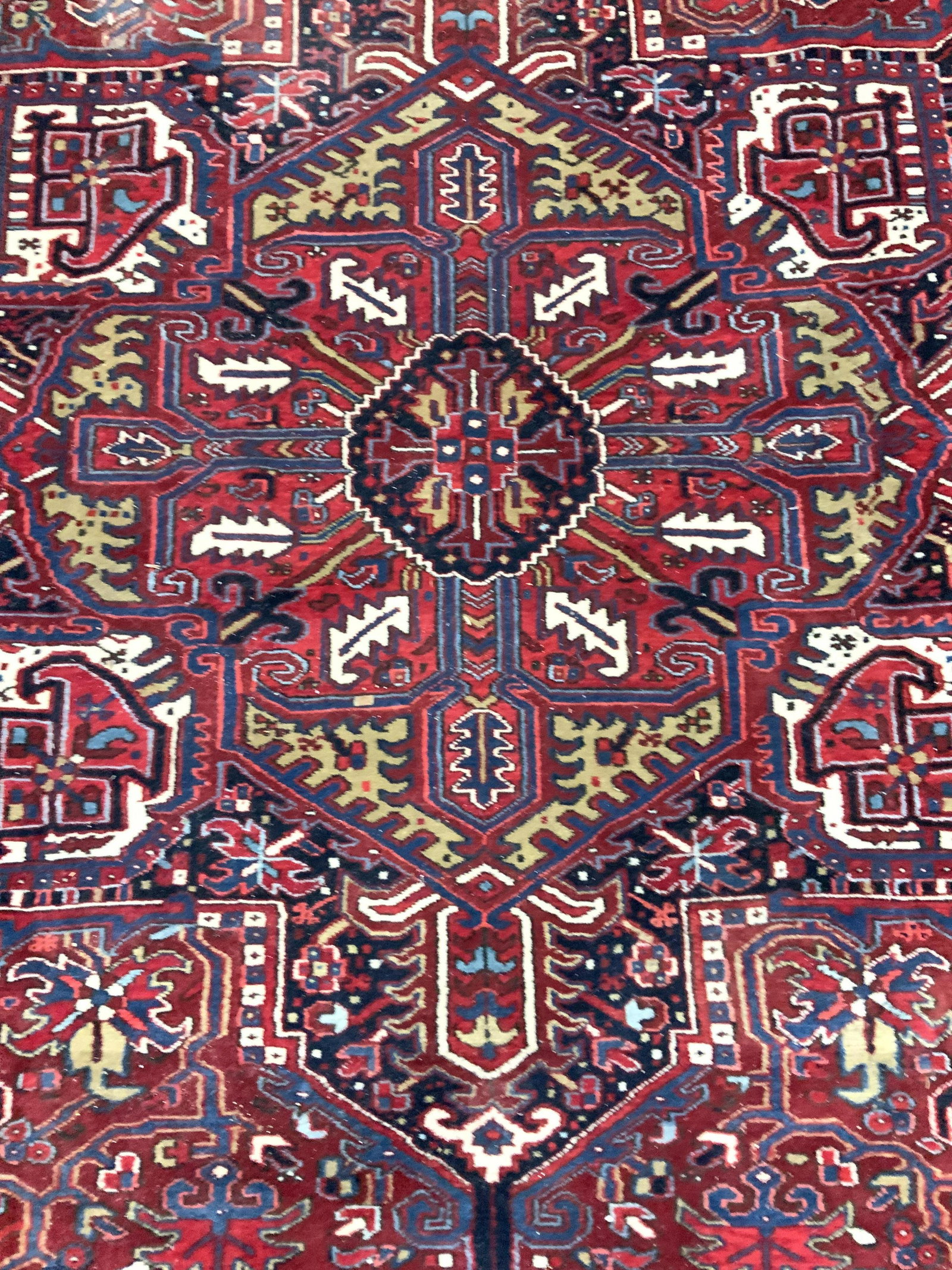 Room Size Hand Made Wool Oriental Carpet: Room Size Area rug, carpet, vintage oriental carpet, red blue cream , gold, olive, turquoise tones geometric measures 167 by 123 inches, has wear, has color fading, decorative arts , decorative access