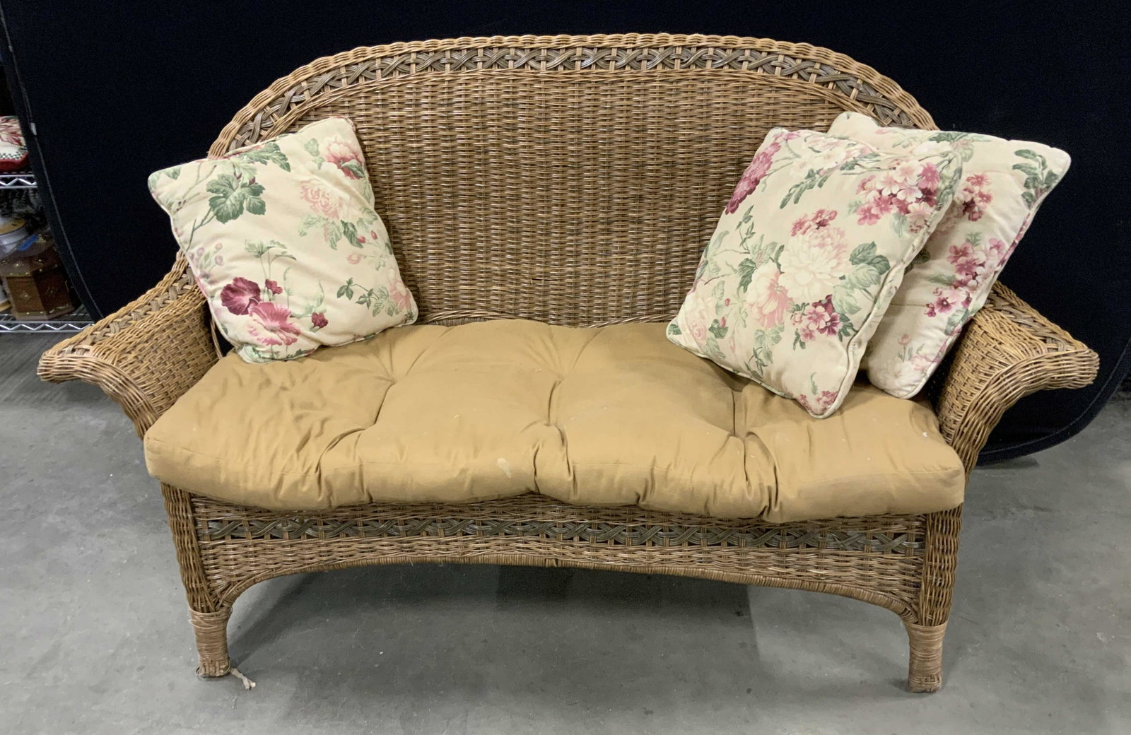 Two Tone Wicker Rattan Sofa Bench: Wicker bench, rattan bench, arched back, fanned out semi scroll armies, woven contrasting color banding to piece, comes with upholstered cushion and toss pillows, measures app 58 inches length depth 2