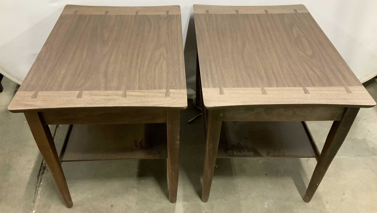 Pair NEWNA-BAK Mid Century Modern End Tables: Danish modern, Swedish modern, mid century modern end tables, side tables, occasional tables, sleek and simple lines, each has concave edged shaped tops with visible dove tail design, cylindrical tape