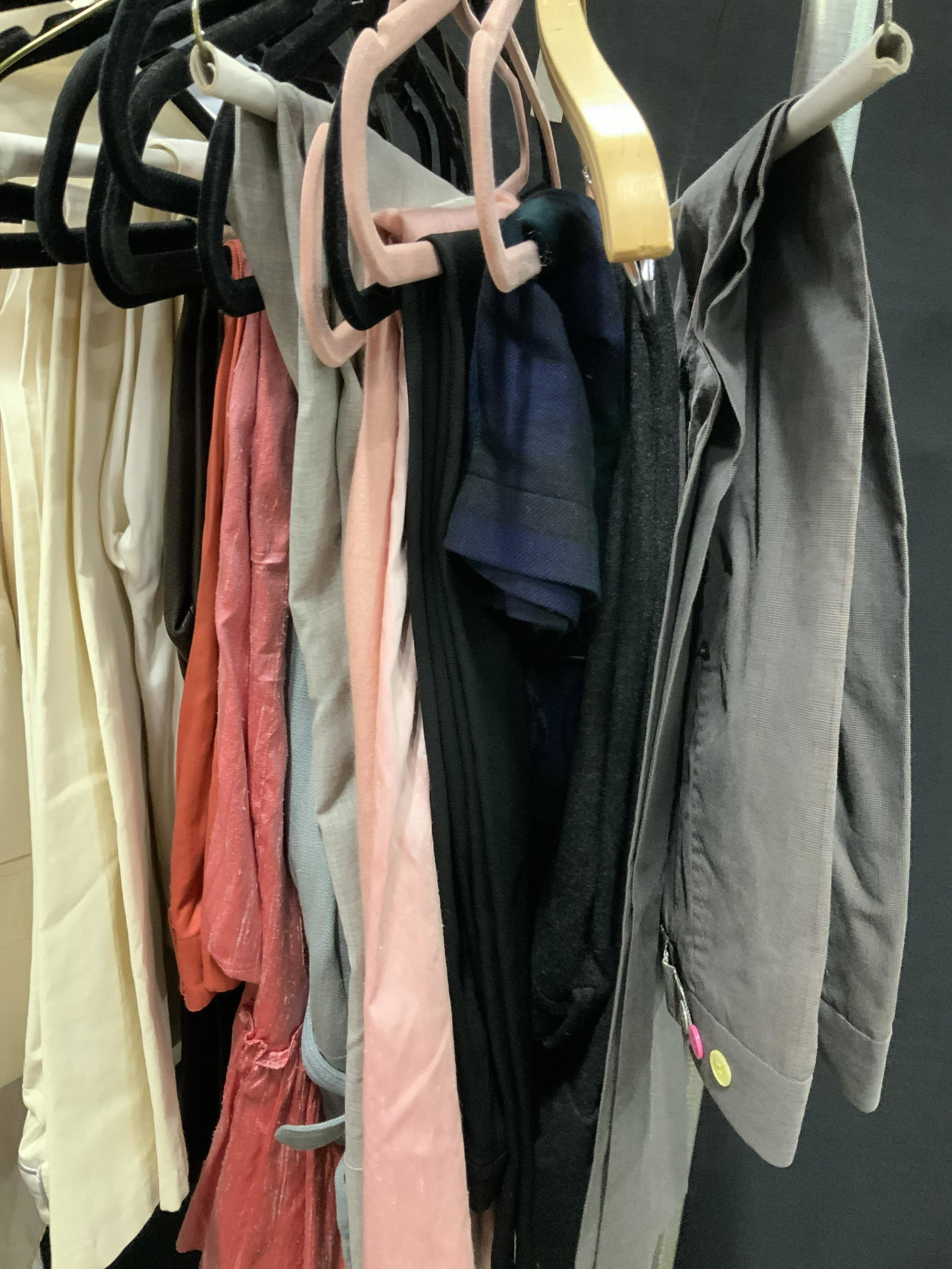 Huge Rack Of Luxury Designer Clothing, 90: 90 pieces, Some vintage, some new, includes, leather, slacks, skirts, jackets, dress, button up tops in cotton, linen, silk, spring summer fall fashion, luxury designer labels include, PRADA, Donna Ka