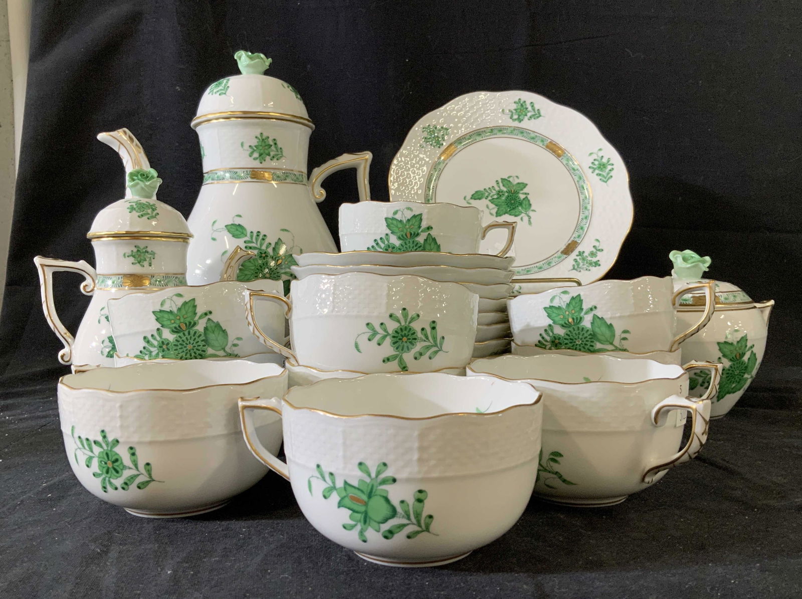HEREND 33 Pcs Porcelain Coffee Dessert Service: Herend of Hungary luxury table ware designer Coffee Dessert Service, green floral design on white background with gold accents, Each piece marked for Herend, marked for Hand Painted, set includes lidd