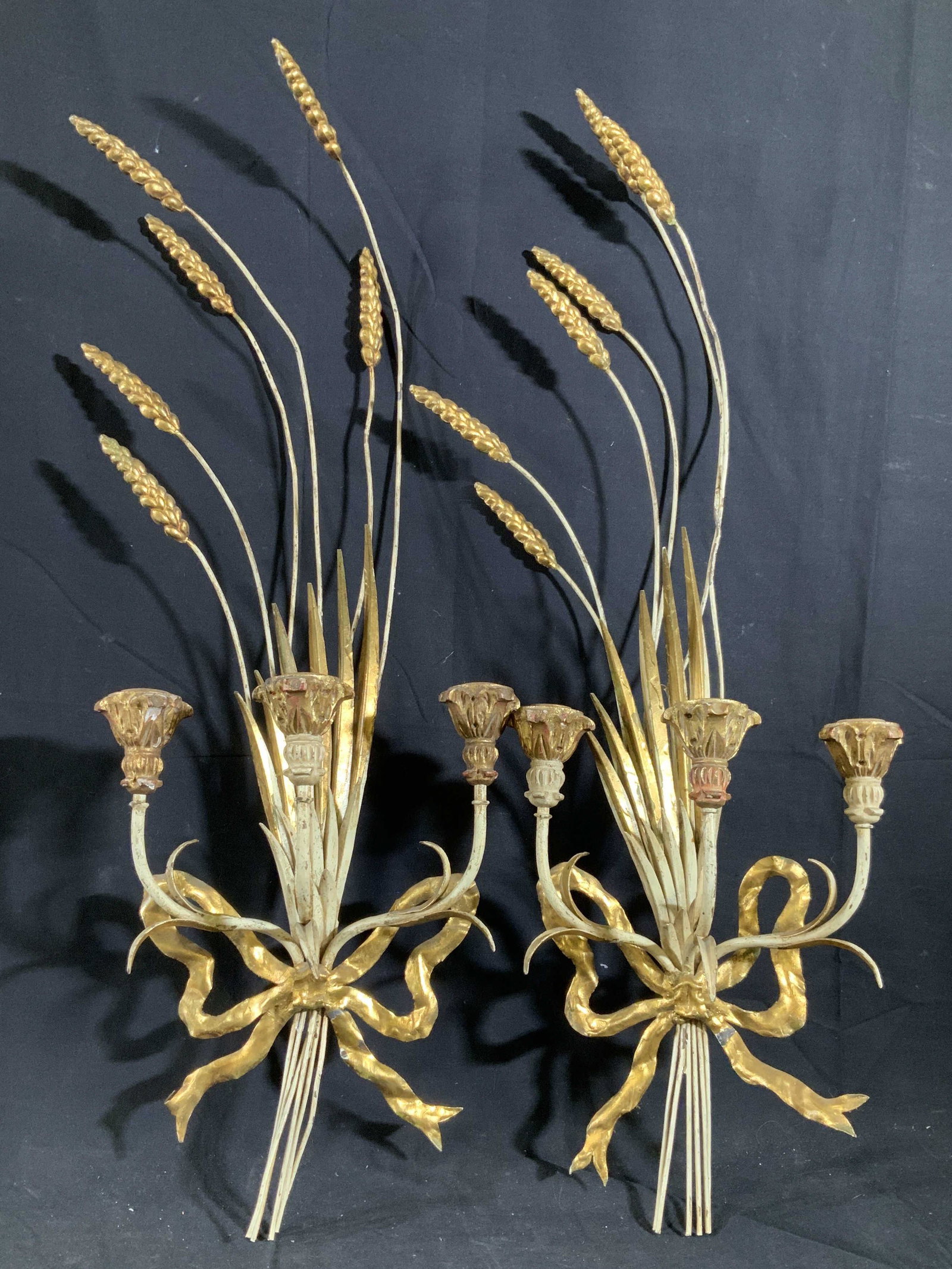Pr Antique French Gilt Metal Wood Wall Candelabras: Pair of antique three arm wall candelabras, wall lights, sconces , French decorative arts, each has metal spray of wheat form stems, with gilt metal layer of leaves, bundle appears tied with gold leaf