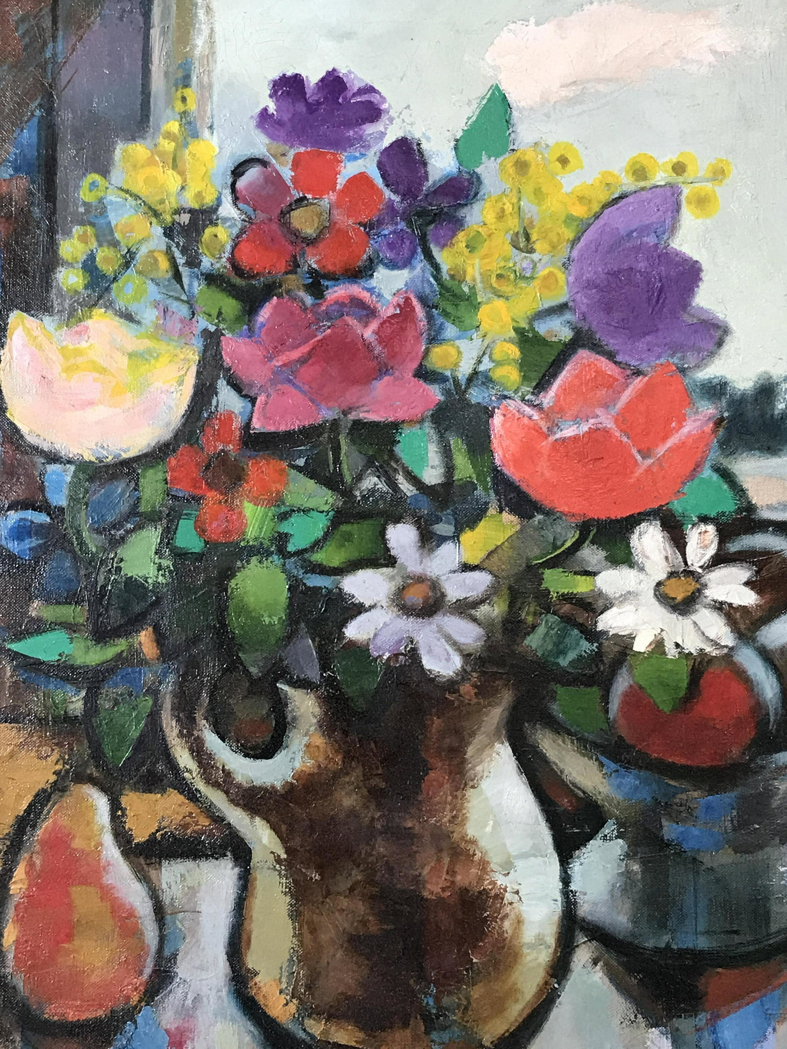 Signed Oil on Canvas Floral Still Life: Signed oil on canvas, signature in the lower right corner in orange possibly reads ‘Ph. Ri Picard’, subject an abstract still life of pots and vases with flowers and pears, tan linen matting, hand