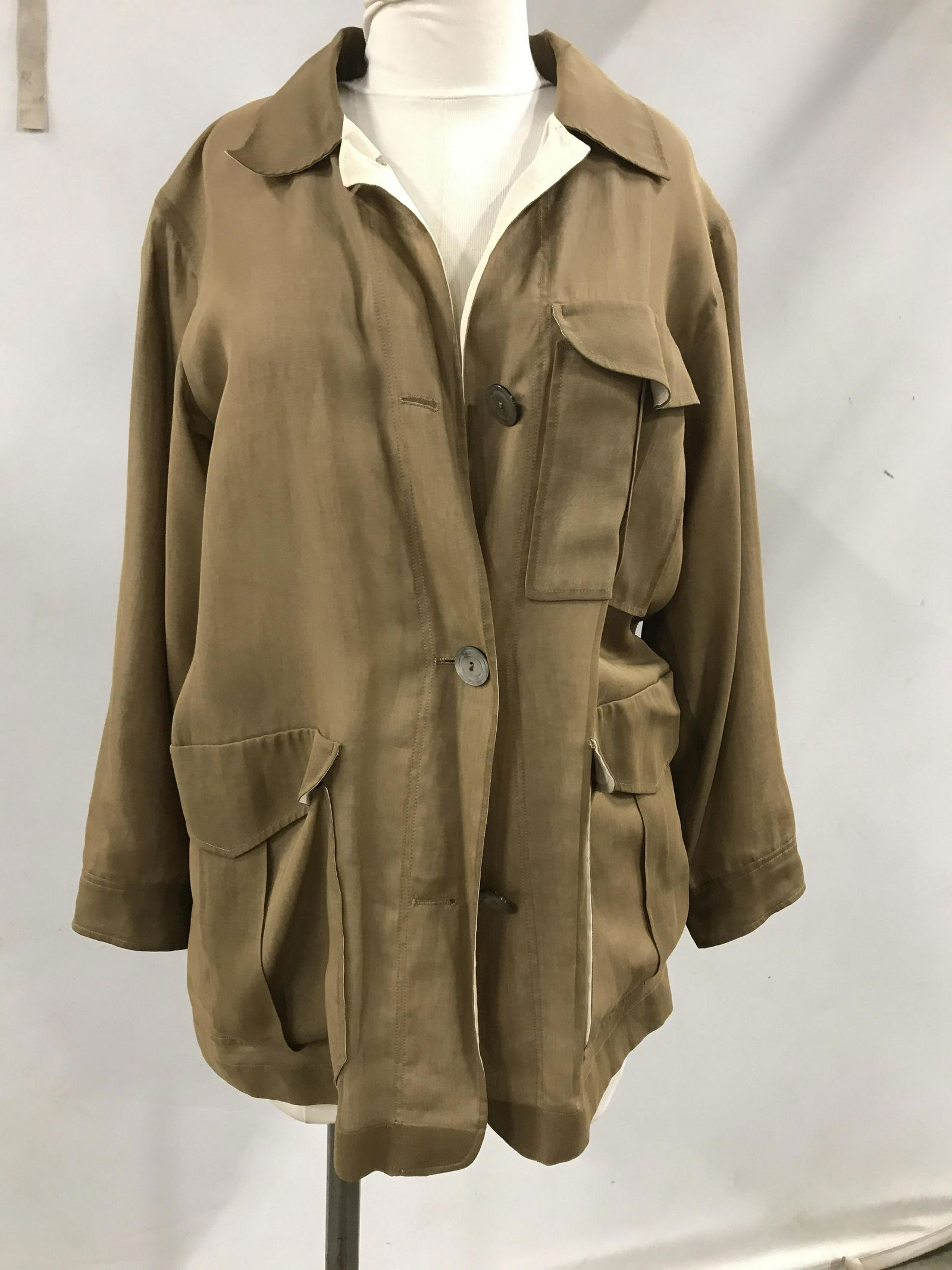 Luxury Designer Jil Sander Cotton Jacket: Olive gold toned exterior with cream toned interior brushed cotton feels like silk light weight jacket, made in Italy, Italian luxury designer fashion, women’s Italian designer outer wear, Jil Sande