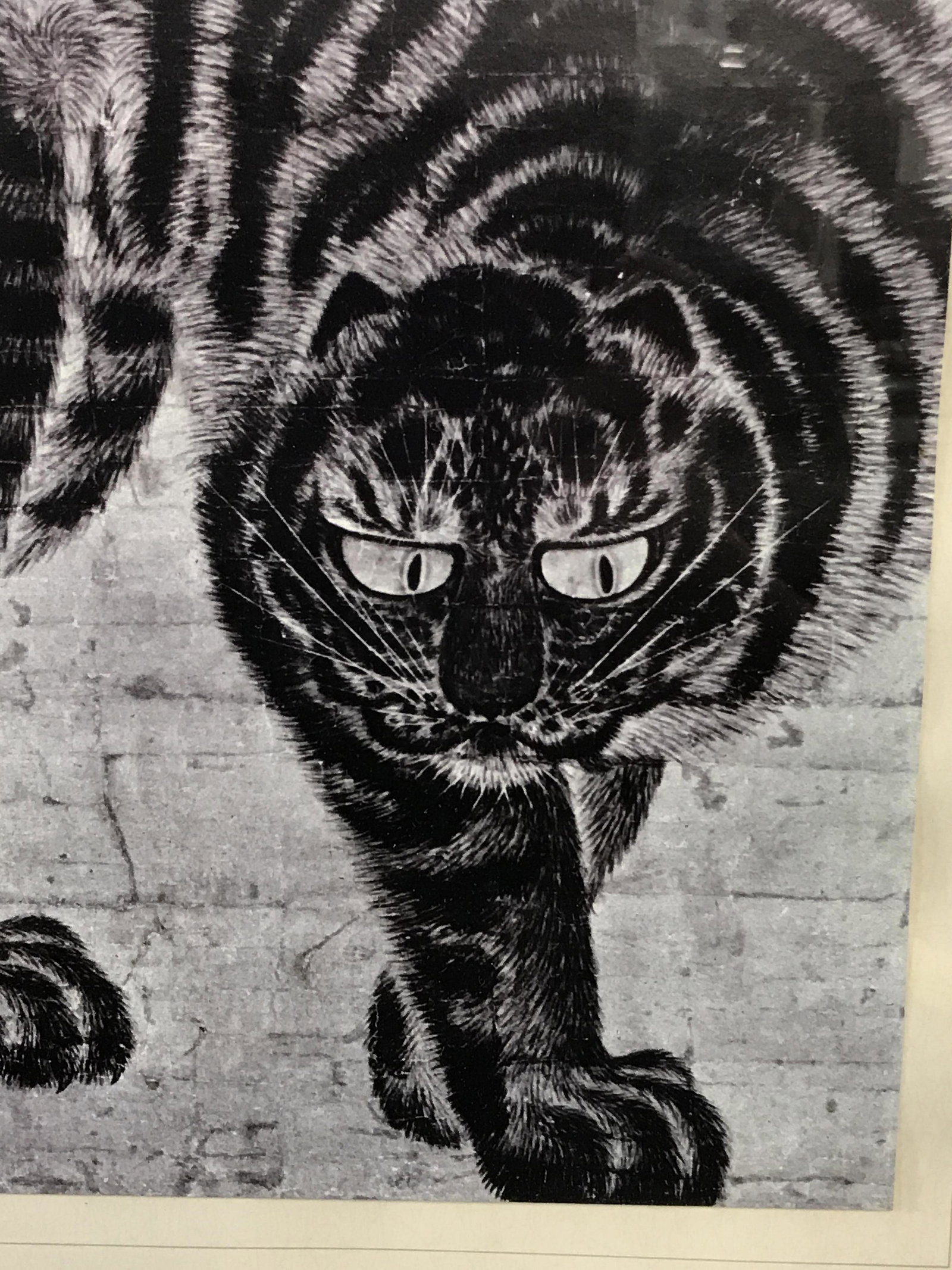 Print of Ink on Silk Tiger: Print of Ink on Silk scroll, Korean Asian text possibly Chinese in the upper right corner, subject a Korean style tiger in black ink, paper affixed to reverse gives description of piece and the locati