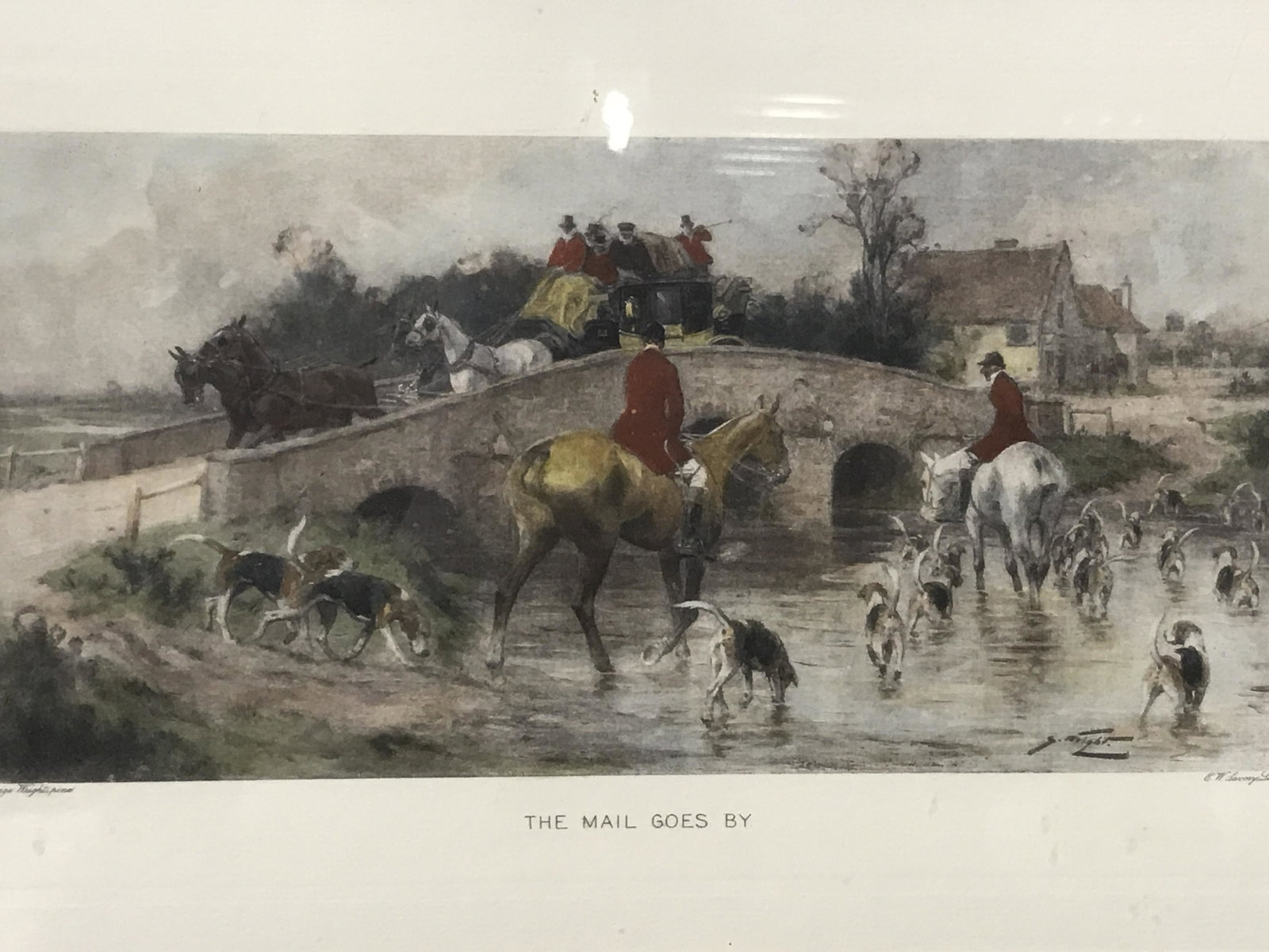 Print of Painting ‘The Mail Goes By’: Print of painting, title along the lower center border reads ‘The Mail Goes By’, text on the lower right corner reads ‘E.W.Savory LTD’, text on the left corner reads ‘George Wright Prinel, s