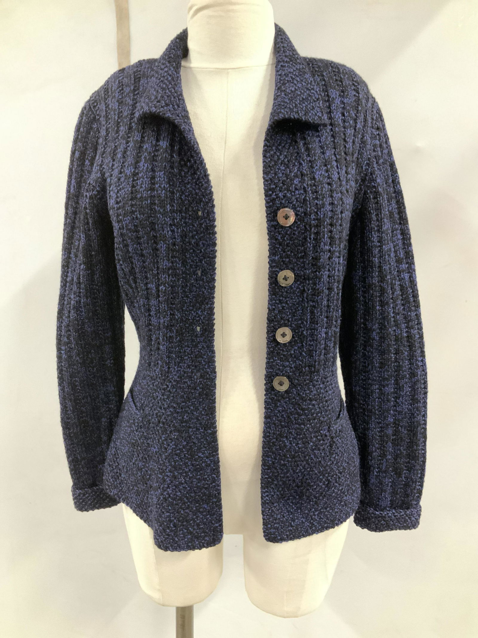 Luxury Designer Marion Foale Button Up Jacket: Sweater style soft jacket, navy blue with black, fitted waist, soft fabric knit, luxury English artist and fashion designer Marion Foale, designer fashion wear, women’s fashion, wearable, fits ladie