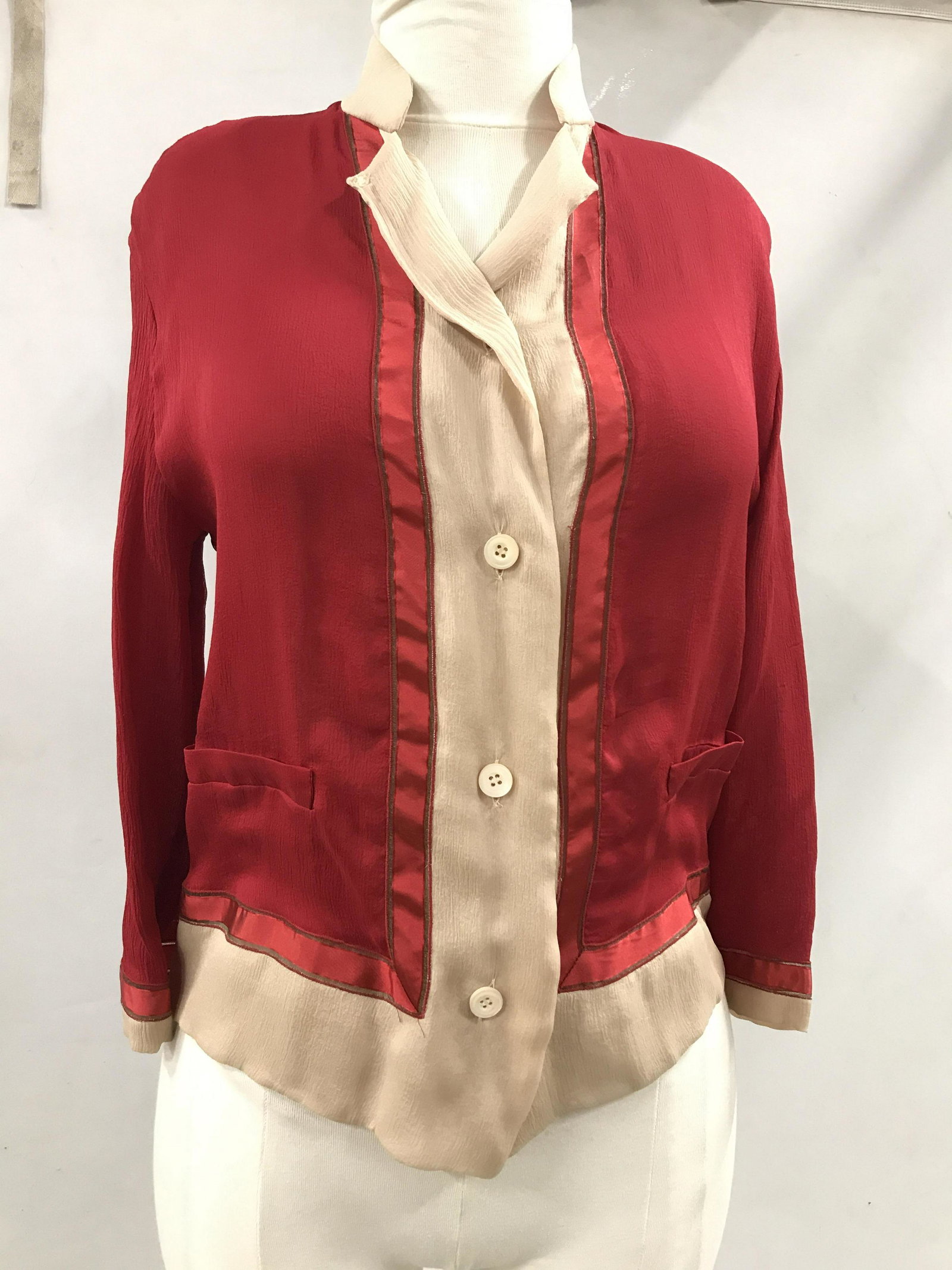 Prada Luxury Italian Designer Blouse, Italy: Made in Italy red and cream toned silk blouse, by Prada, with black label inside collar, size 38, luxury designer brand blouse, fashion, wearable, Italian luxury designer top