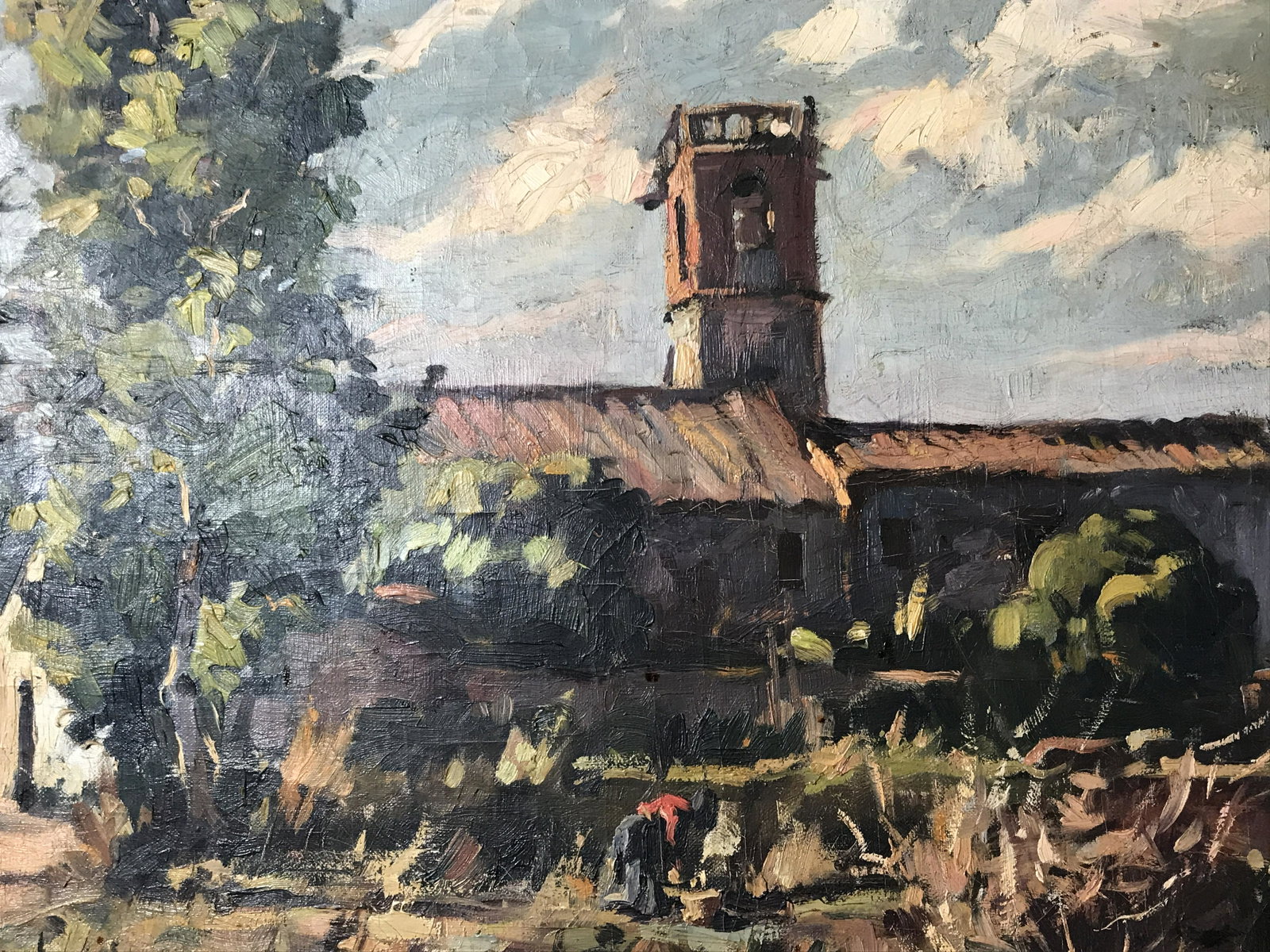 Oil on Canvas Board Church House: Oil on canvas board, signature in black in the lower left corner illegible, subject landscape with a figure in red and church house and bell tower in the background, Thick painterly brushstrokes, tan 