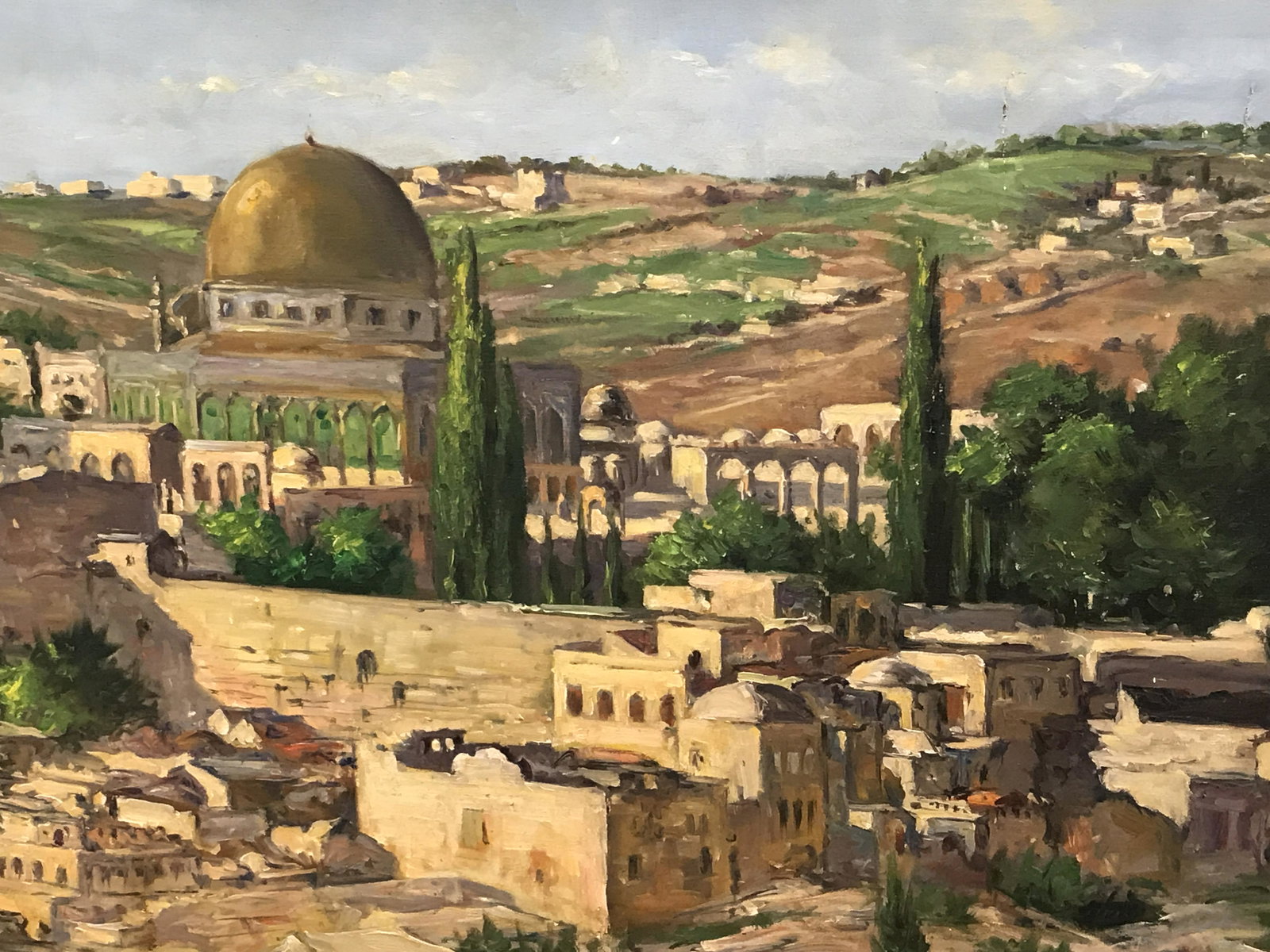 Oversized Signed Landscape of Jerusalem: Oversized signed oil on canvas, signature in the lower right corner written illegibly, subject a large scale landscape of Jerusalem with a focal point on The Dome of The Rock an Islamic shrine, done i