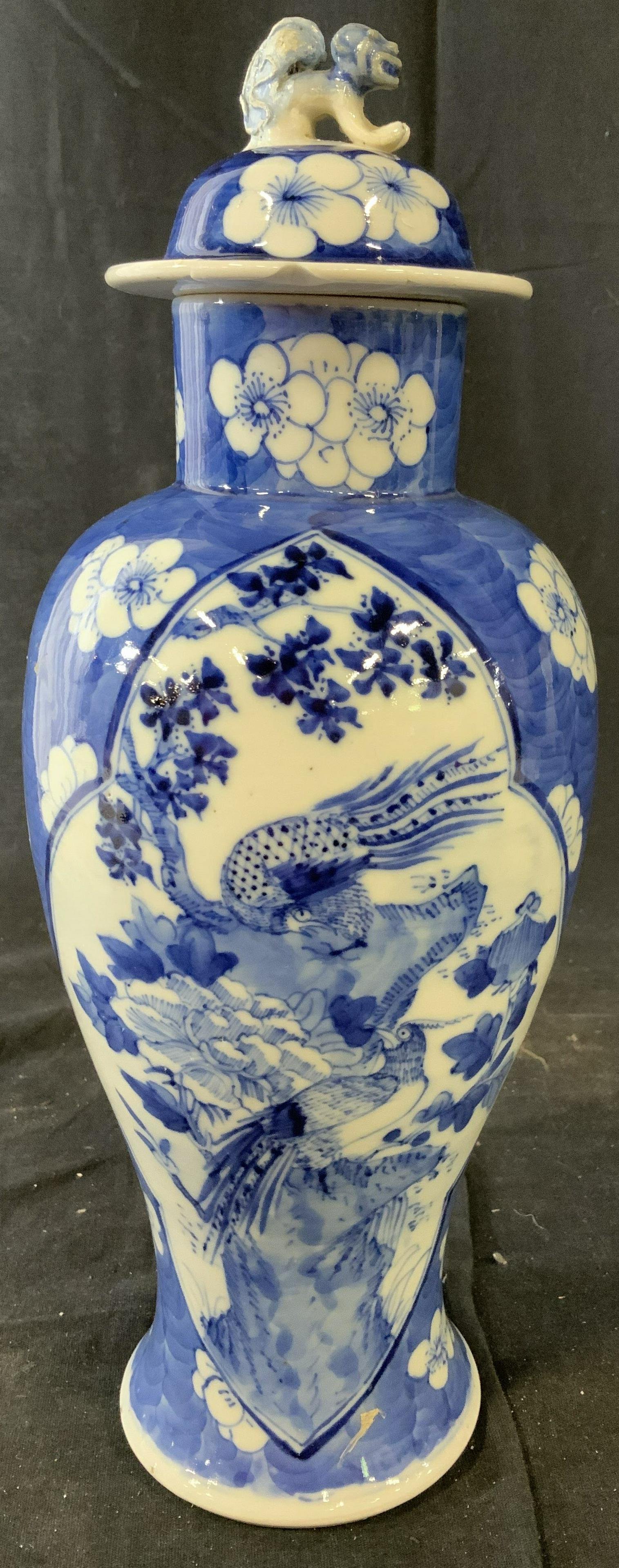 Signed Asian Blue White Porcelain Lidded Vase: Urn, vase, vessel, blue white ceramic porcelain with foo dog finial on lid, and large bird as central design to florals and geometric, chinoiserie, Asian decorative arts, orientalism, orientalia, chin