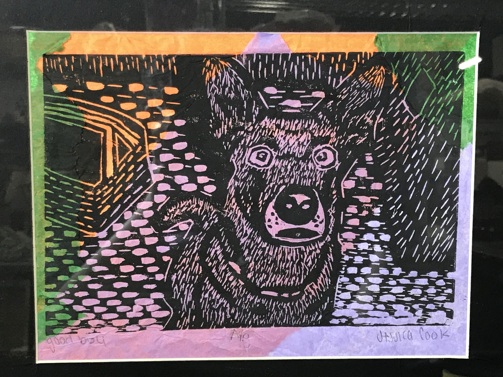 Signed Wood Block Print ‘Good Boy’ Cook: Signed wood block print on tissue paper collage, signature in pencil in the lower right corner somewhat illegible possibly read ‘JTJJuica Cook’, artist proof on the lower center border in pencil,