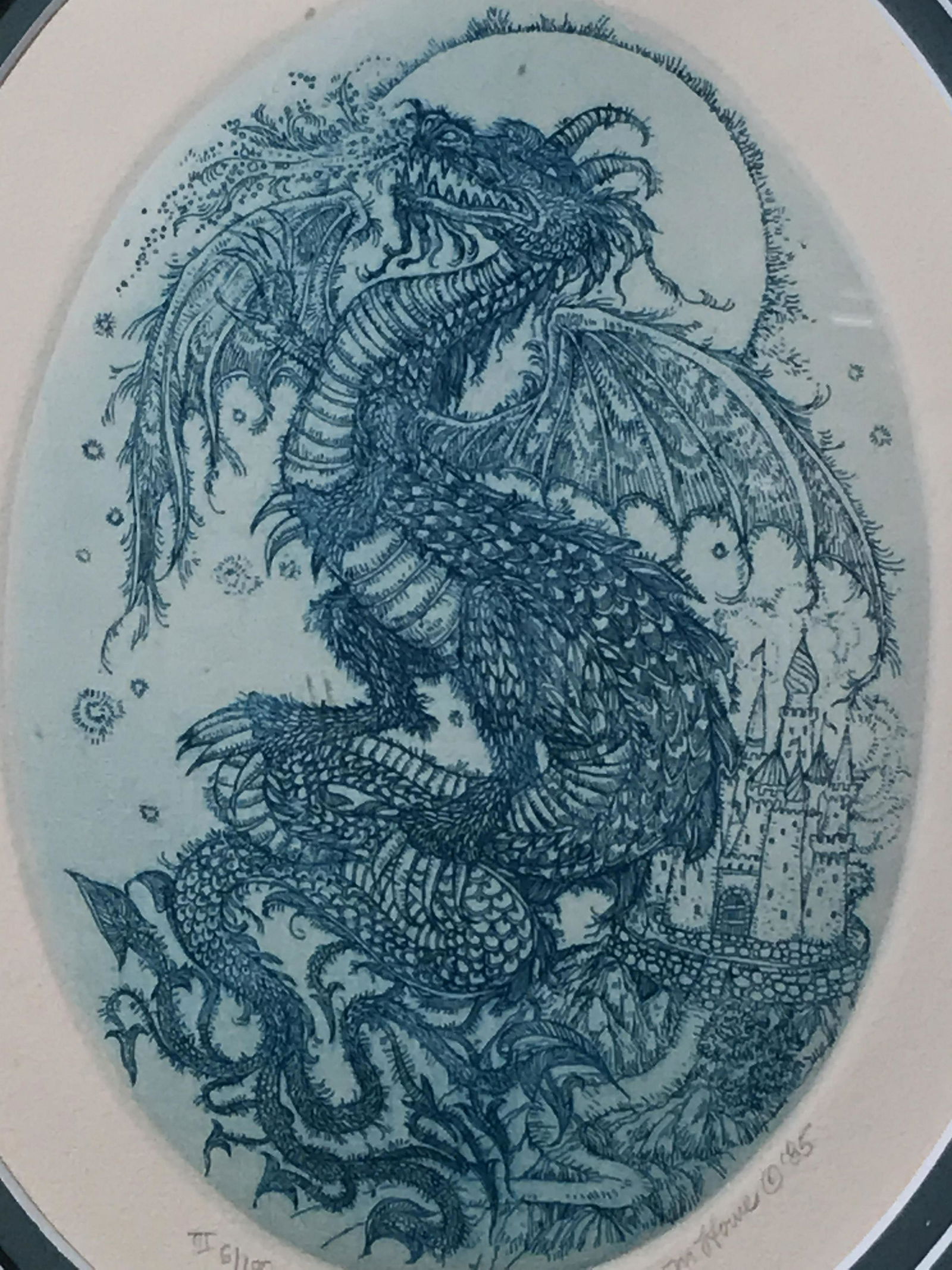 Signed Dragon Etching in Blue Marsha K Howe: Signed limited edition etching on heavy weight paper, signature in pencil along the lower right border reads M. Howe, date directly after signature reads 85, title in pencil on the lower center border