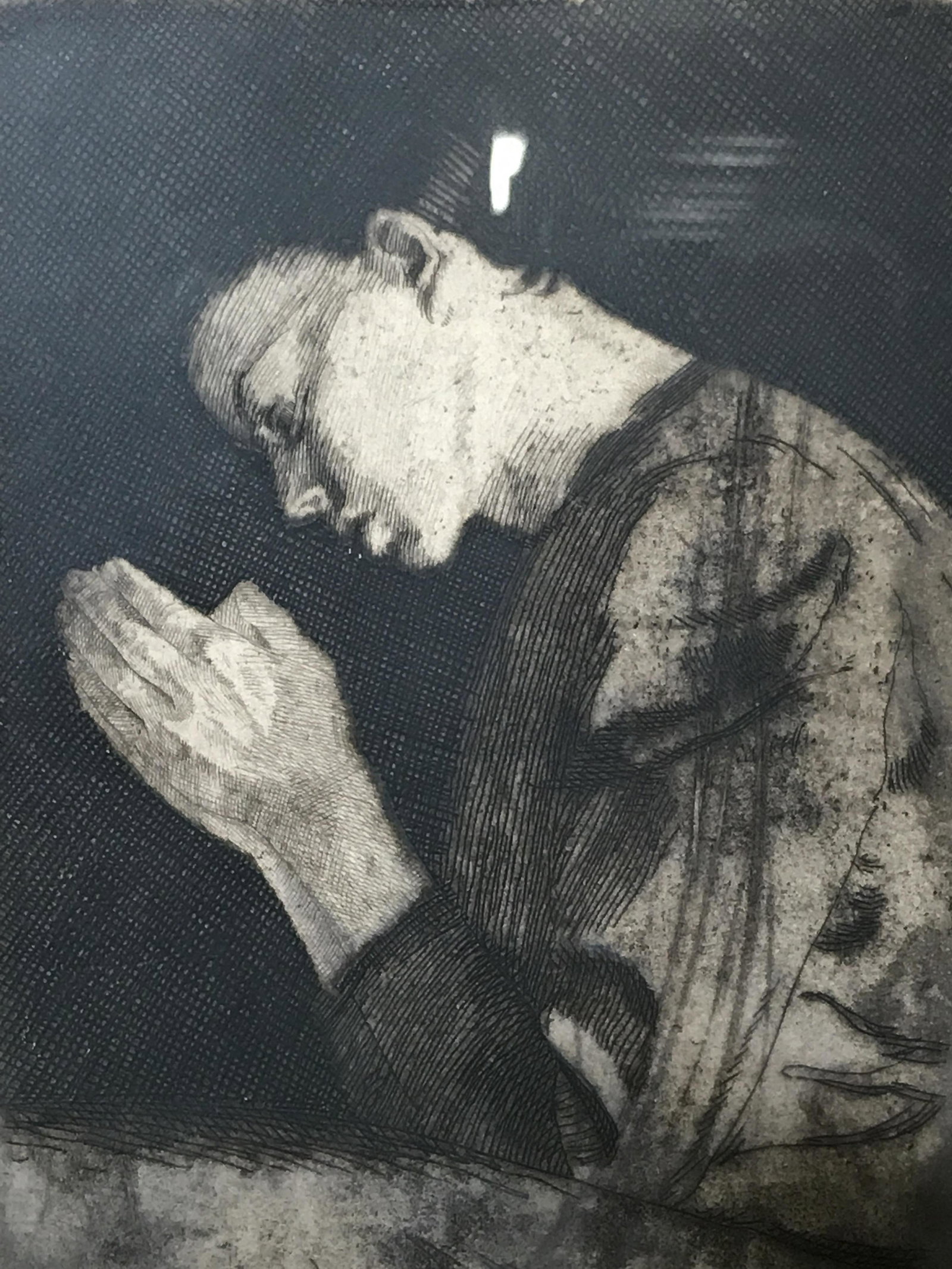 Etching Praying Girl Kathe Kollwitz: Etching on heavy weight paper, after Kathe Kollwitz, Estate stamp/ blind stamp in lower right corner reads ‘AVD Becke, — , Berlin Halensee, subject a girl with head lowered and hand clasped in pra