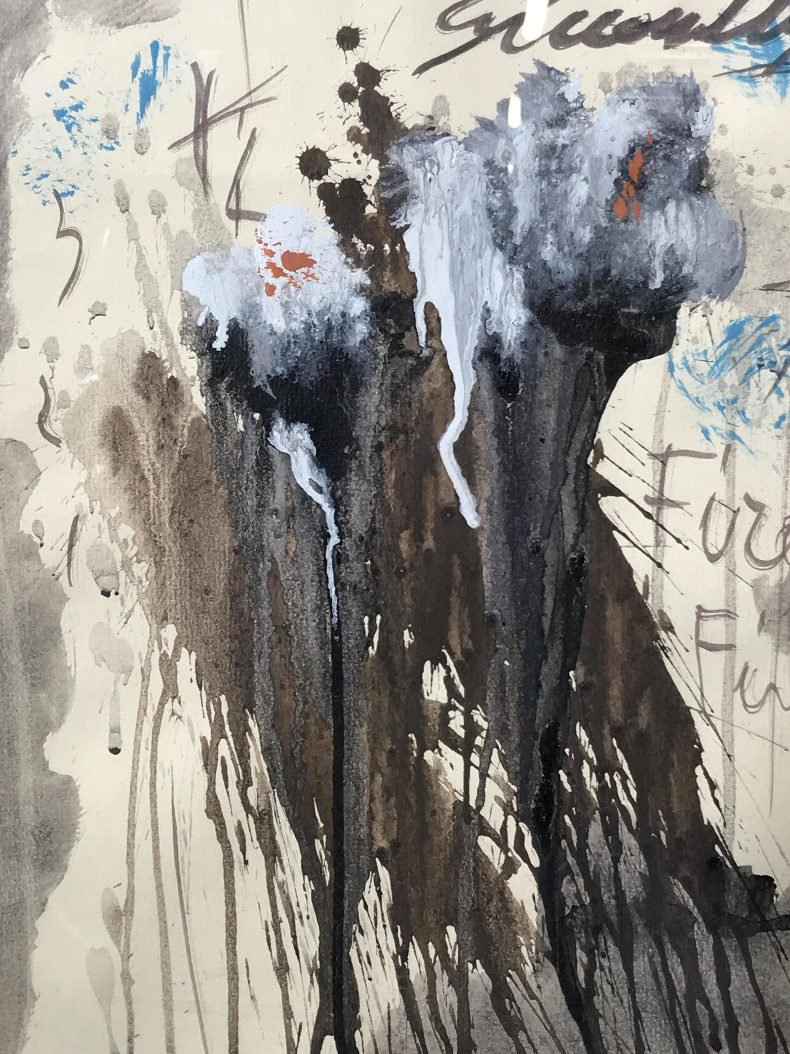 Signed ‘Blue Blossom’ Cy Twombly: Signed mixed media on heavy weight paper, signature in the upper left corner reads ‘Cy Twombly’, subject an abstract scene in black white and brown with blue and orange accents as well as various 