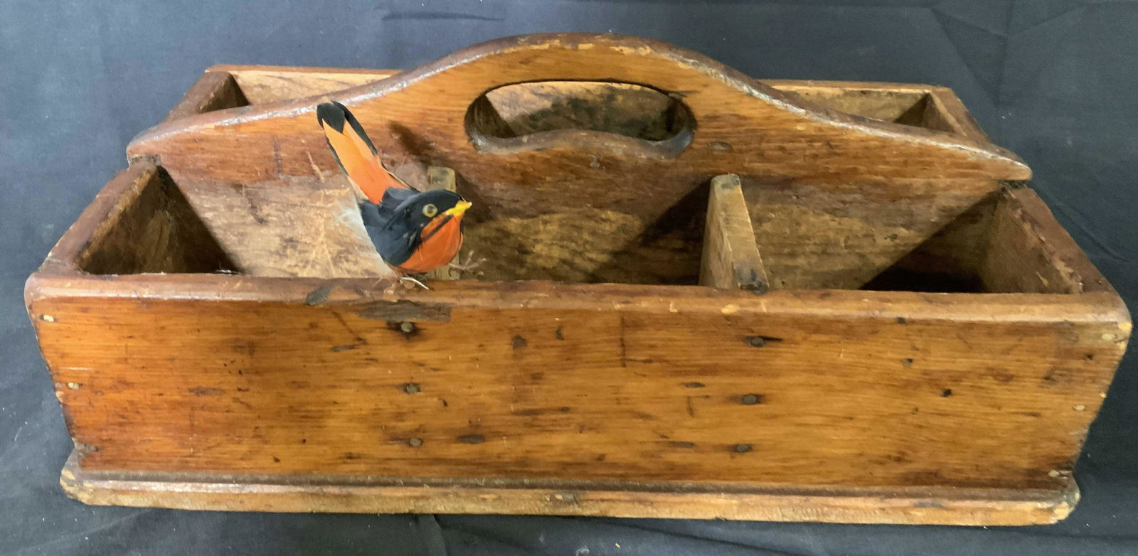 Antique Wood Gardeners Berry Basket: Antique wood carry basket, hand made hand constructed with 6 compartments for garden berry picking, carved carry handle, antique tool, antique garden accessory, up cycle as decorative object, country