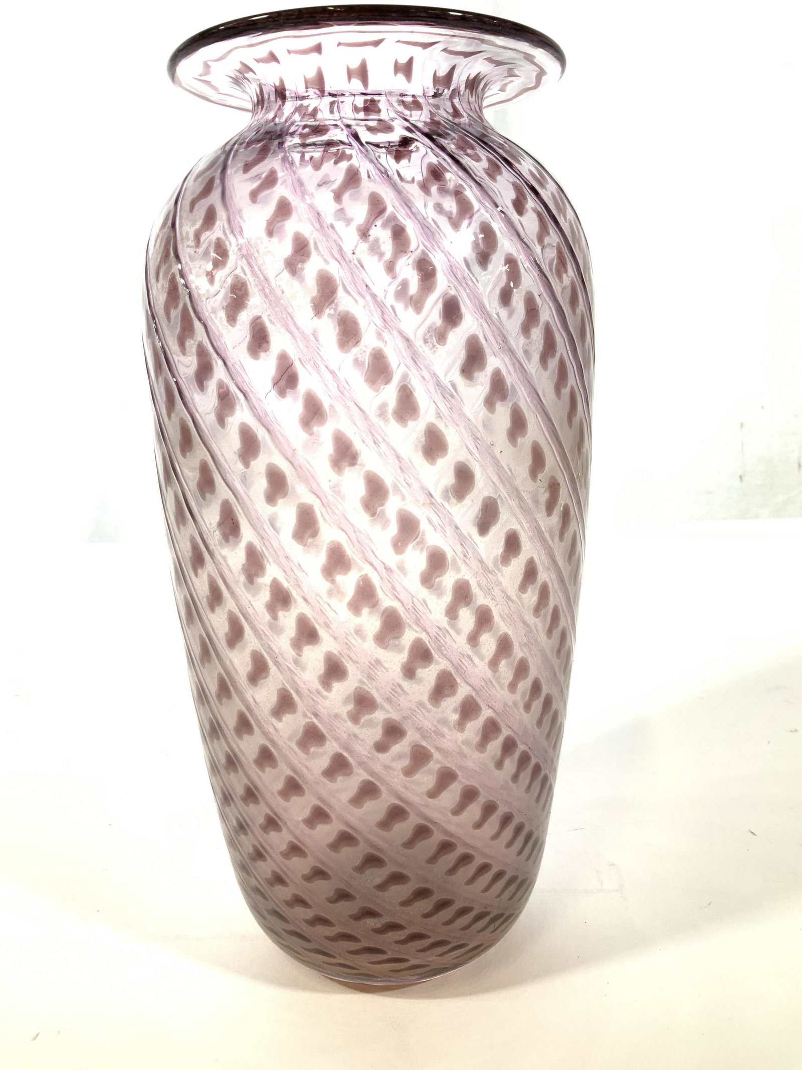 Pink White Swirl Art Glass Vase: Hand crafted hand formed swirl art glass vase, decorative object, decorative accessory, vase vessel, table ware, ht 11 inches, diameter app 6 inches, property of Darien Connecticut Estate