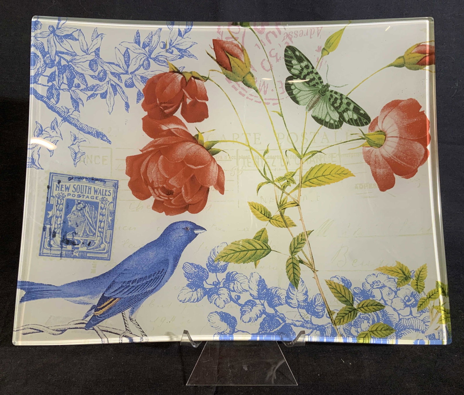 Glass Decoupage Tray, England: Possibly made in England, glass coffee table tray, decorative accessory, with bird, floral and butterfly design, and stamp for New South Wales, decorative arts, decorative accessory measures app 12 by