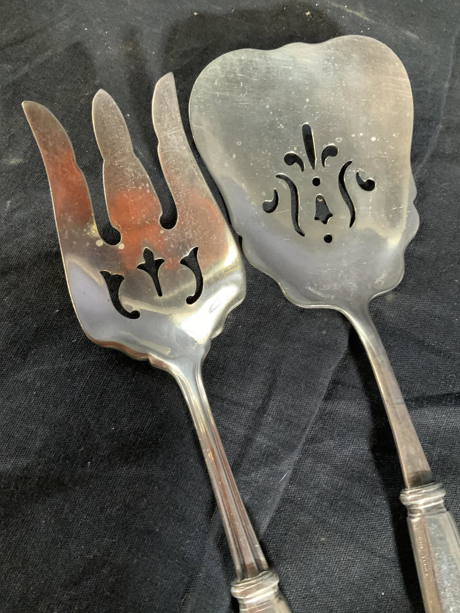 Vintage Pierced Sterling Silver Serving Set: Sterling Silver flatware, server, serving fork and spoon , hostess pieces marked for Sterling Handle, additional writing illegible, fork measures app 9.5 inches length width 2.5 inches, weight fork 3.
