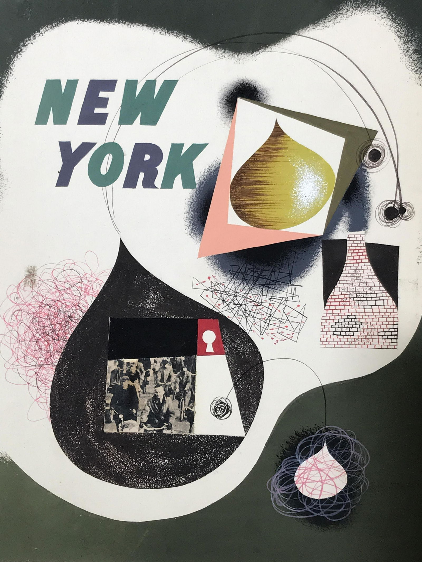 Hand painted gouache on board: Hand painted gouache on board, no apparent signature, subject a collage of images and colors with parts consisting of lithograph and others consisting of scribbles droplets a black and white photo and