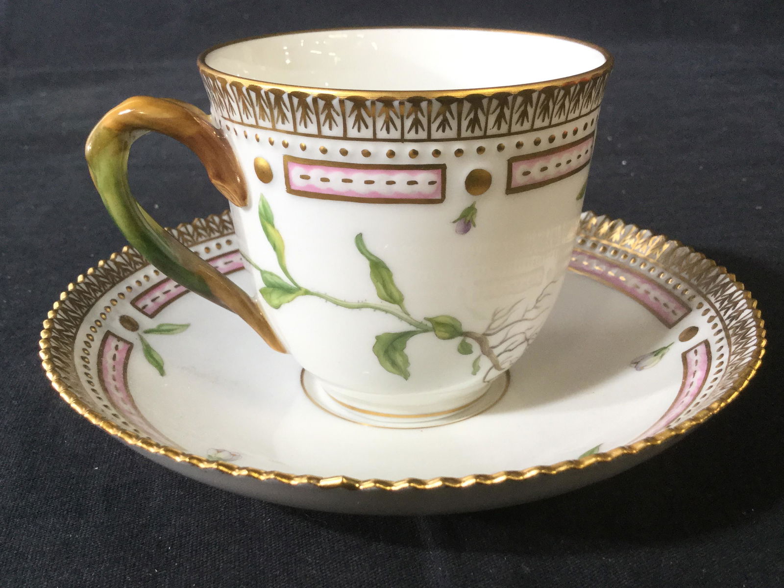 FLORA DANICA VERONICA ALPINA L Cup & Saucer: Underside of teacup is marked VERONICA APLINA L ROYAL COPENHAGEN DENMARK 20 3597. Saucer of measures approximately 5.5 inches wide. Saucer and teacup appear to possibly have hand painted elements. Eac