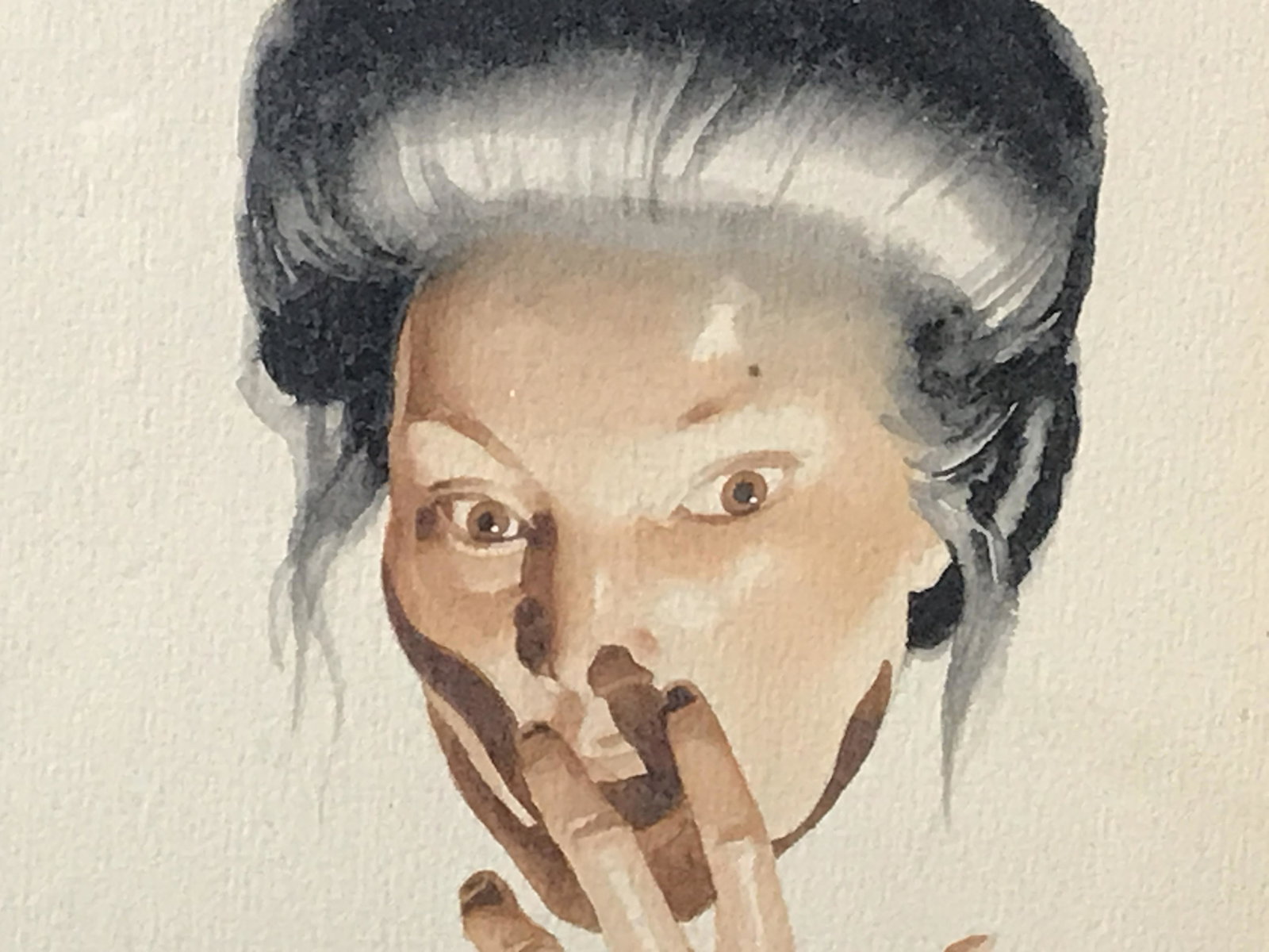 Initialed Watercolor on Canvas Paper Portrait: Initialed watercolor on canvas paper, initialed in the lower left corner in pencil reads R.M., subject head of a woman hair in a bun with a single hand raised in shock with dramatic lighting on a plai