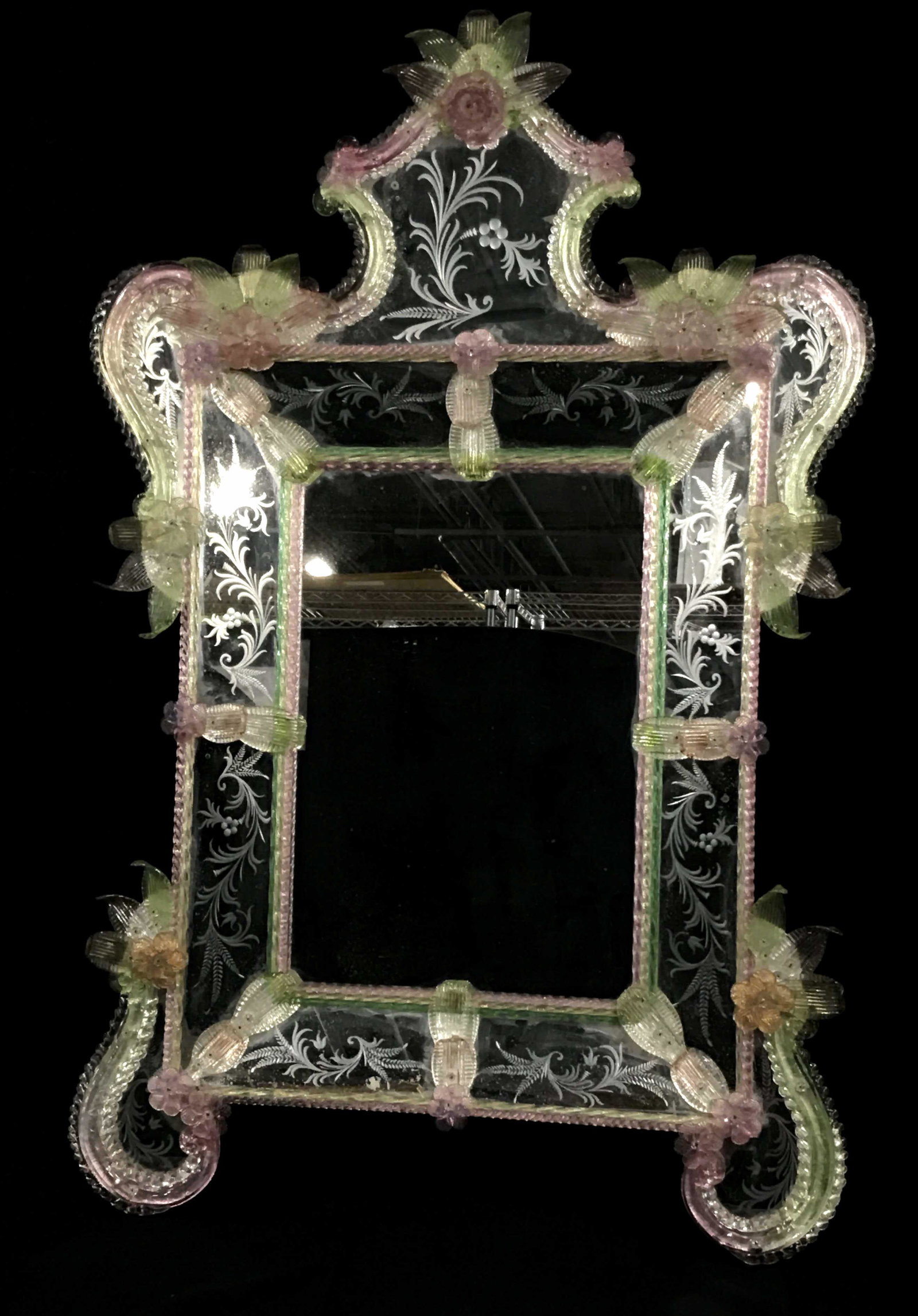 Grand Richly Detailed Venetian Glass Wall Mirror: Grande Richly detailed Venetian glass wall mirror, measures 44 inches at highest point and 31.5 inches at widest point, hand formed hand worked art glass Italian glass mirror, ornate statement wall mi