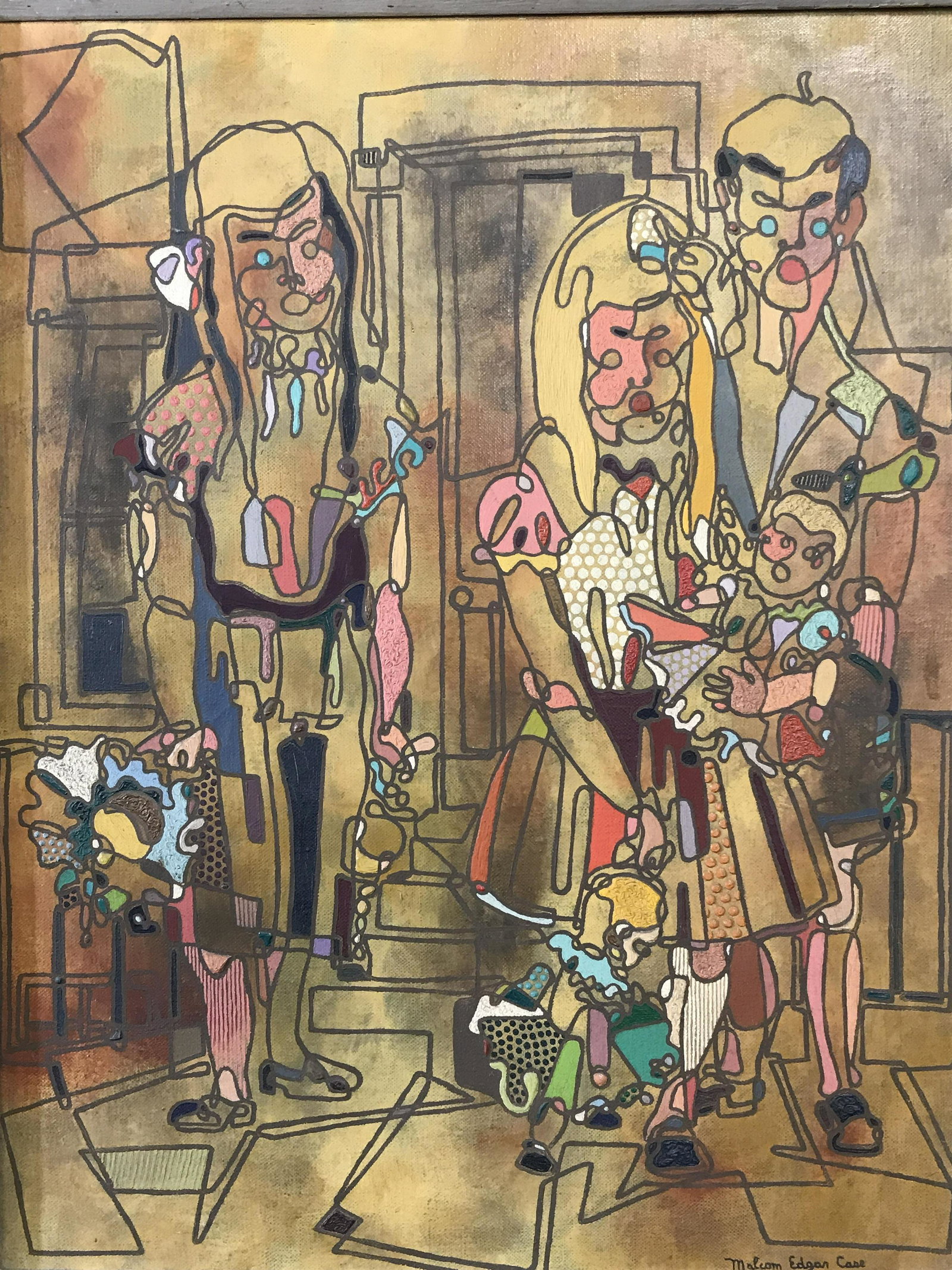 Signed Oil on Canvas Malcom Edgar Case: Signed oil on canvas, signature in the lower right corner reads Malcom Edgar Case, subject and abstract family portrait In a predominantly yellow/brown with various bright colored accents, painted whi