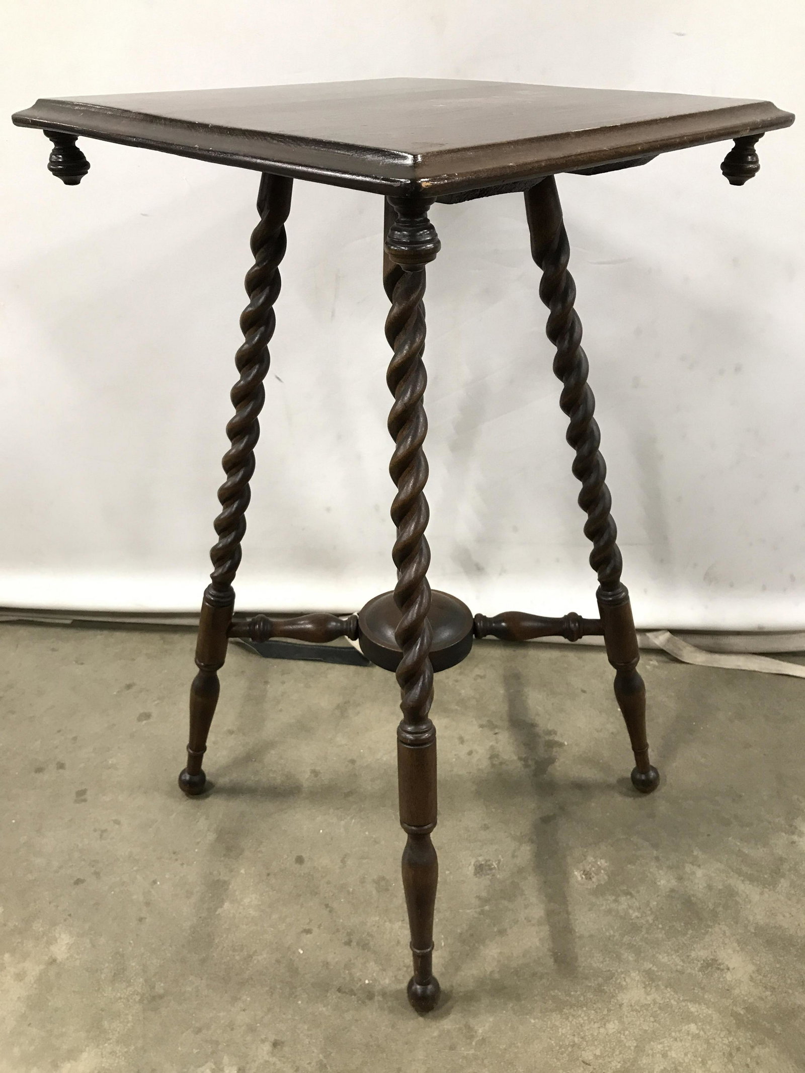 Antique Carved Wooden Barley Twist Leg Table: Table is wooden and antique. Piece has carved barley twist legs. Table legs have stretchers. Table , wooden table, antique table, antique wooden table, barley twist table. Piece measures approximately