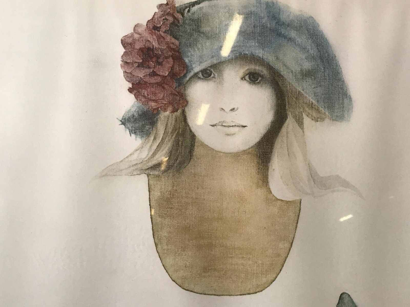 Signed Offset Lithograph Christine Rosamond: Signed offset lithograph, signature printed in blue on the lower right border, reads Rosamond, subject a abstract minimalist female figure in hat with jeans on a white background, silver metal frame, 