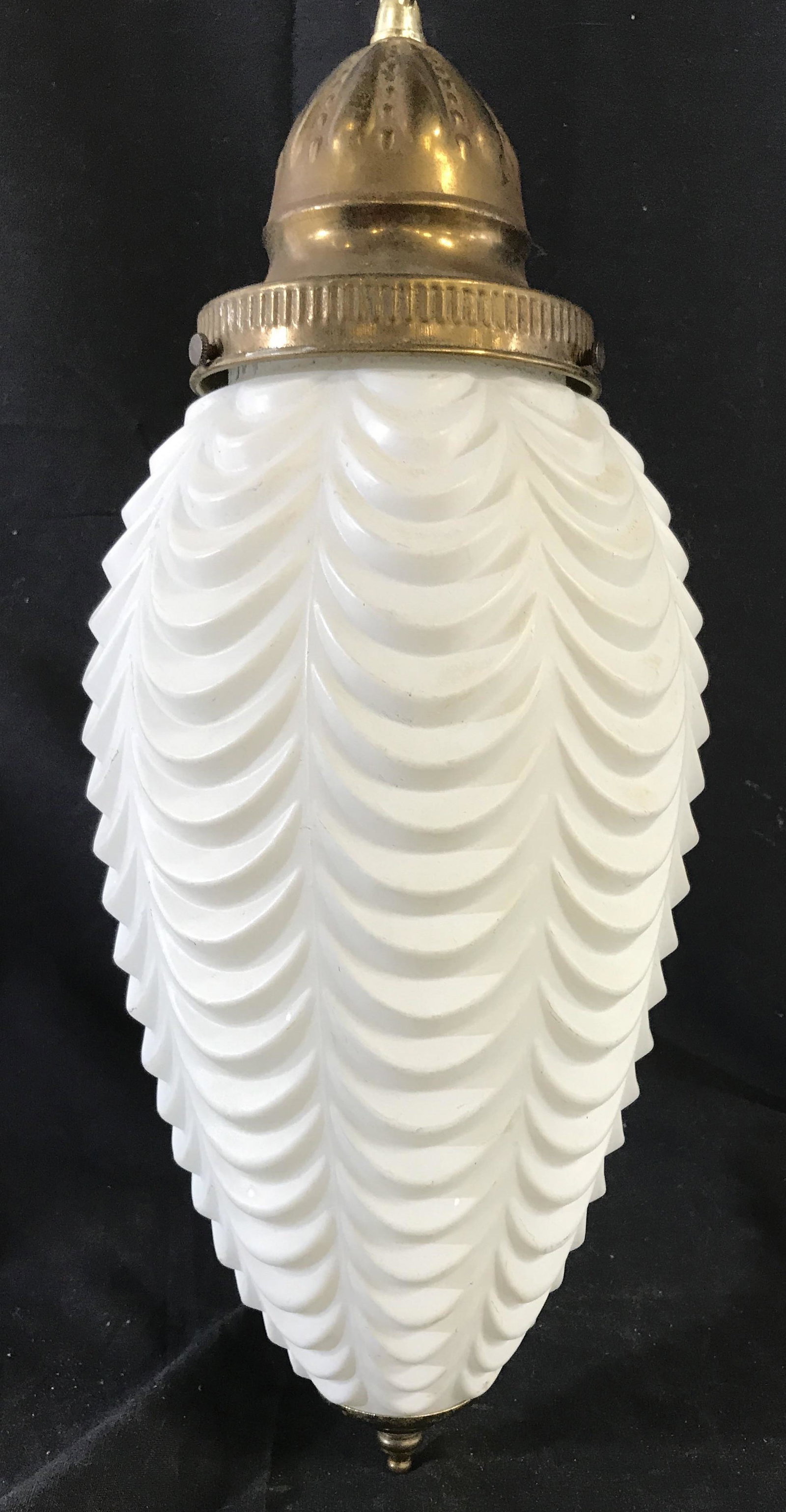 Art Deco Swagged Glass Lantern Light: Ceiling fixture, Art Deco style, glass orb in egg shape has textured ribbed cascades of swag design glass, unusual glass ceiling light, decorative object, decorative arts, measures length tip to ring 