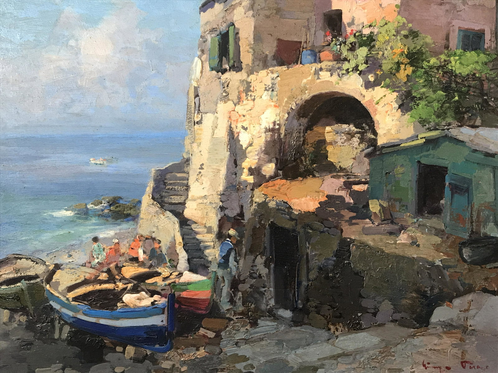 Signed Oil on Wood Panel Giuseppe Pesa: Signed oil on wood panel, signature in the lower right corner in red written illegibly believed to be same as name on plaque, subject three row boats pulled ashore against a rocky beach side leading u