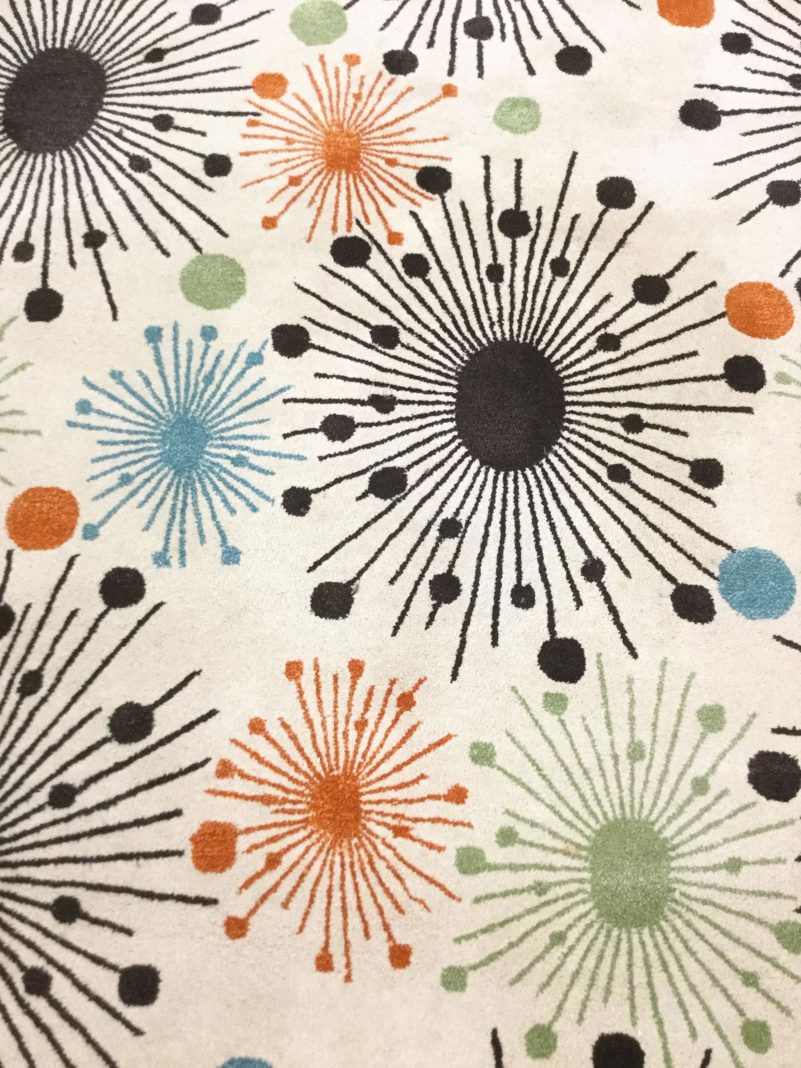 SAFAVIEH SOHO Indian Wool Rug: Rug is wool. Underside has tag which reads SAFAVIEH SOHO COLLECTION MADE IN INDIA. Rug measures 5 by 8 feet as stated on tag. Rug contains tones of brown, cream, orange, green & teal. Rug, carpet, are