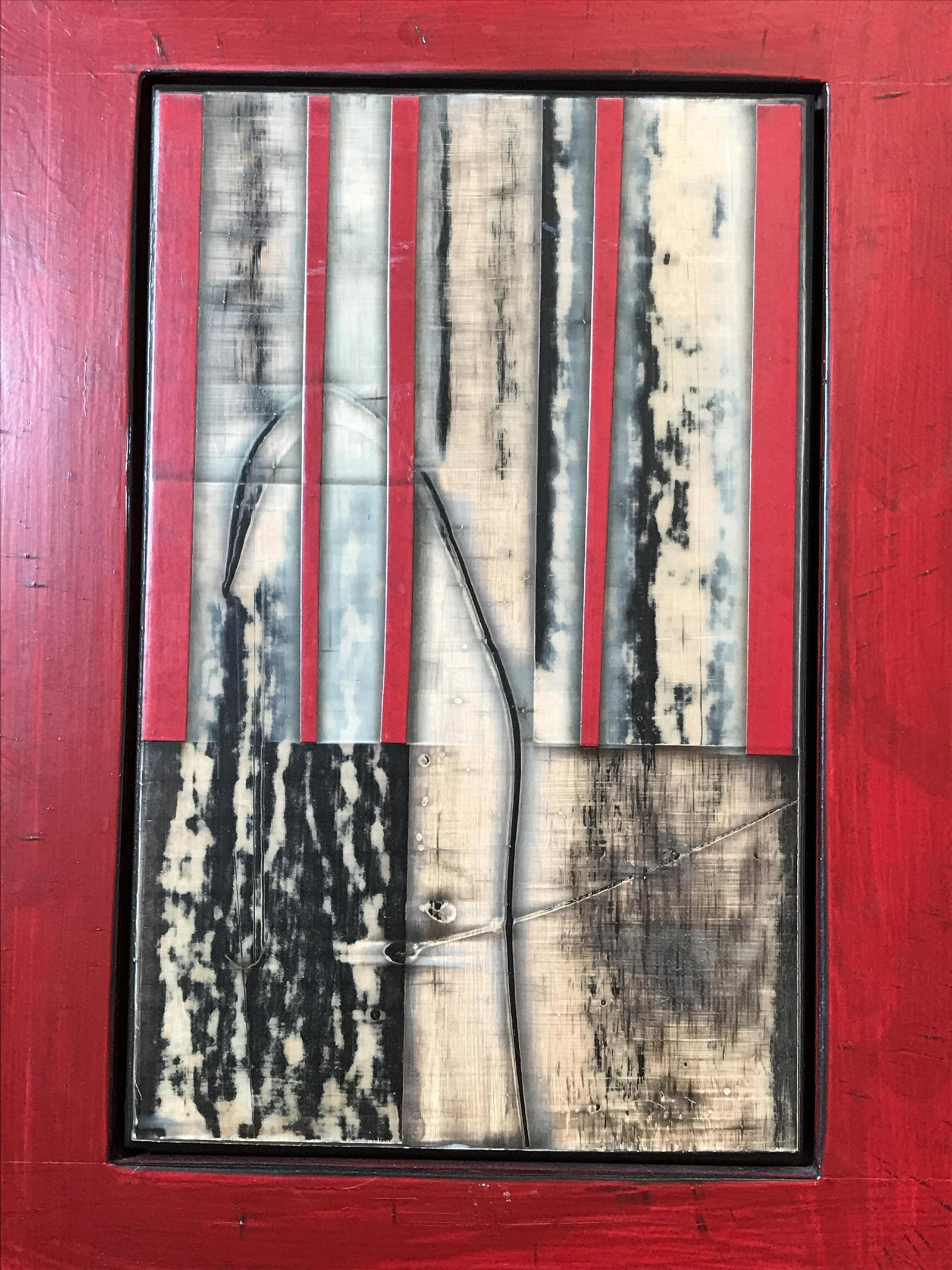 Signed Hand Painted Wood Michael Kessler: Signed hand painted wood, Signature on reverse in marker reads ‘Michael Kessler’, below signature on reverse in marker text reads TopSet, subject a non objective piece consisting of red and black