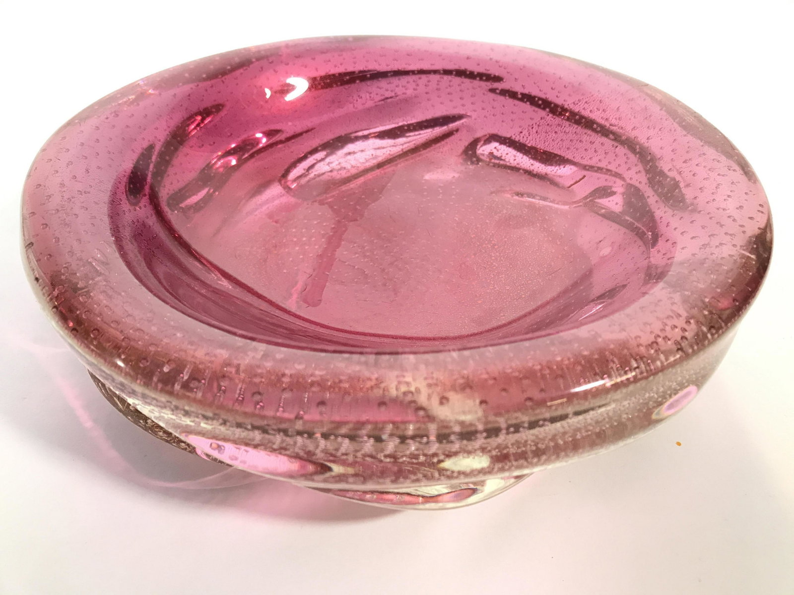 Pink Gold Clear Murano Art Glass Bowl: Heavy solid art glass bowl, vessel, tableware, deep pink tones with flecks of gold and clear, exterior raised thick swirl form, collectible Murano Art glass, Italian art glass, Venetian art glass, dec