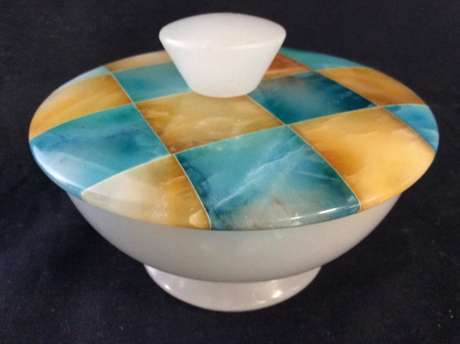 Italian Checkered Lidded Alabaster Bowl: Aqua Amber and white toned thick walled Marble Bowl, with kid and finial, with veining visible in Marble, originally from ware house of Italian Made Goods importer, found in never opened Boxes, circa 