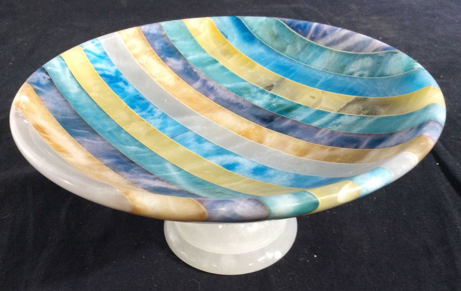 1960’s Italian Striped Alabaster Compote: Multi colored Striped thick walled Marble Bowl, compote, Vessel, Tazza, Pedestal Bowl, Vase, Vessel, with veining visible in Marble, originally from ware house of Italian Made Goods importer, found in