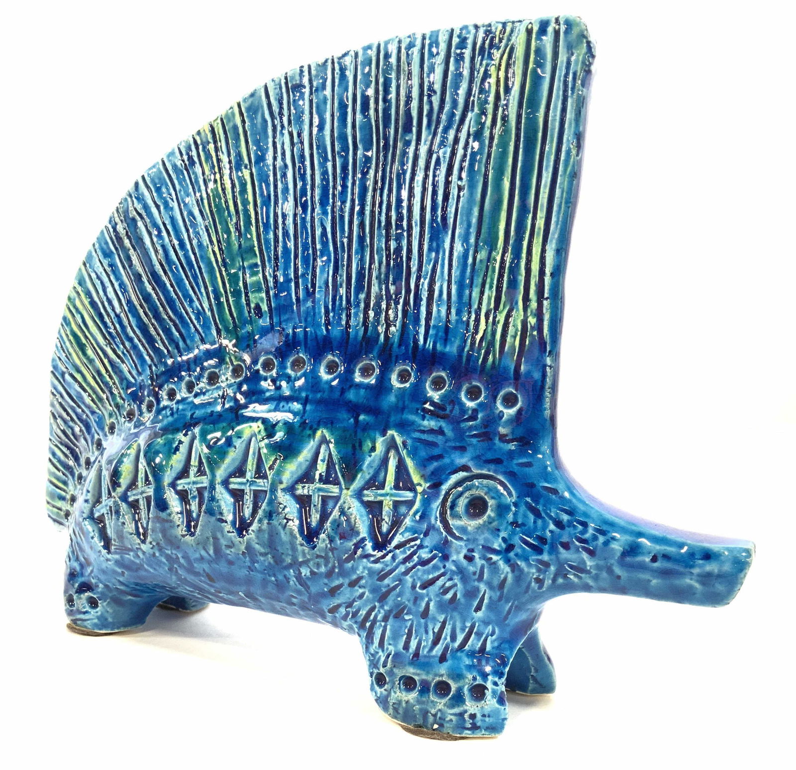 BITOSSI FLAVIA Ceramic Porcupine, Italy: Ceramic Animal Porcupine Figural by noted ceramicist Bitossi FLAVIA, circa 1970’s, Signed FLAVIA Montelupo, vintage FLAVIA, in iconic deep turquoise blues and greens, good condition, measures ht 6 i