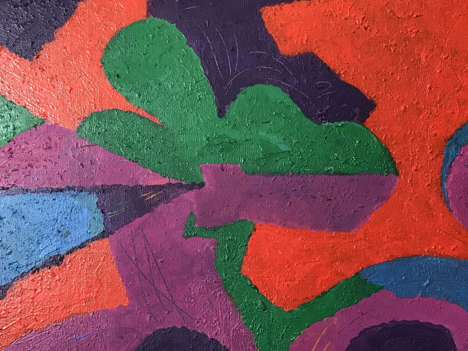 Signed Geometric Abstraction Fraydas: Signed mixed media on canvas, signed in black in the lower left corner reads ‘Fraydas’, subject a collage of brightly colored geometric shapes on a red background, media possibly included oil pain