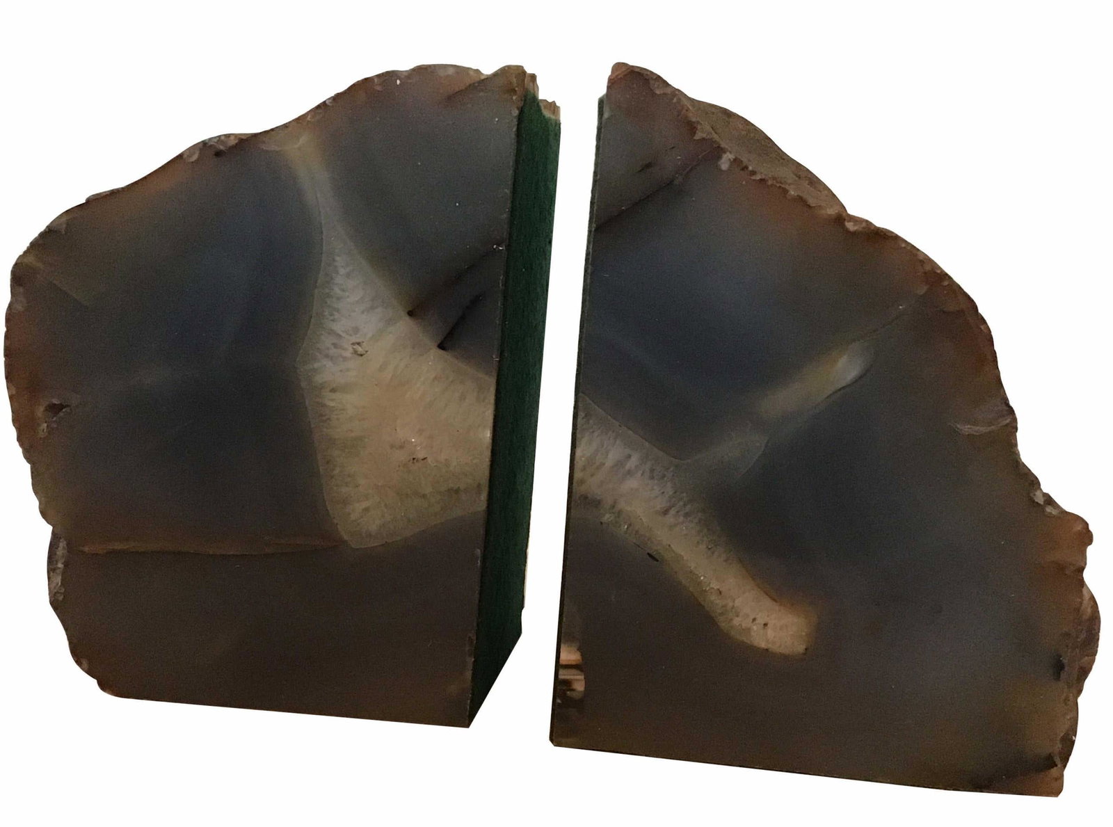 Pair Vintage Geode Stone Bookends: Collectible Geode book ends, decorative accessories, decorative objects, collectible geodes, polished stone sides, rough natural stone tops and bottoms, felt on flat surfaces for horizontal or vertica