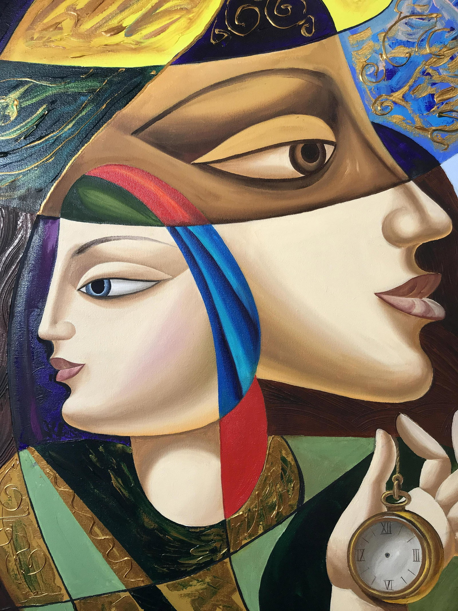 Signed Oil on Canvas Misha Borisoff: Signed oil on canvas, signature in the lower right corner reads Misha Borisoff, subject a Russian cubist scene of a two faced woman and a pocket watch, piece displays a variety of paint styles such as